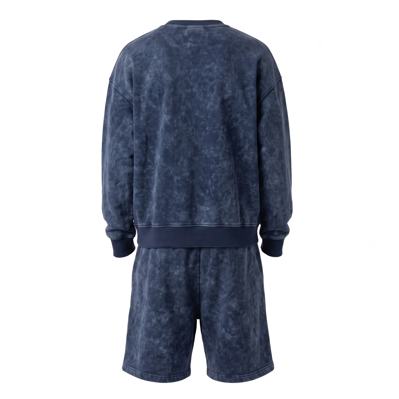 Custom Acid Wash Sweatsuit Crewneck and Fleece Shorts Set 380 GSM Chenille Star Streetwear OEM Wholesale — back view