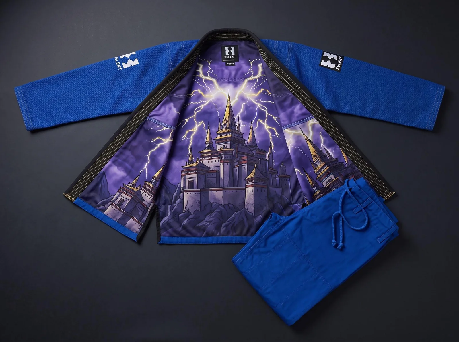 Blue BJJ Gi Lightning Monk Embroidery, Custom OEM 450 GSM Pearl Weave Jiu Jitsu Kimono, Wholesale Manufacturer — front view