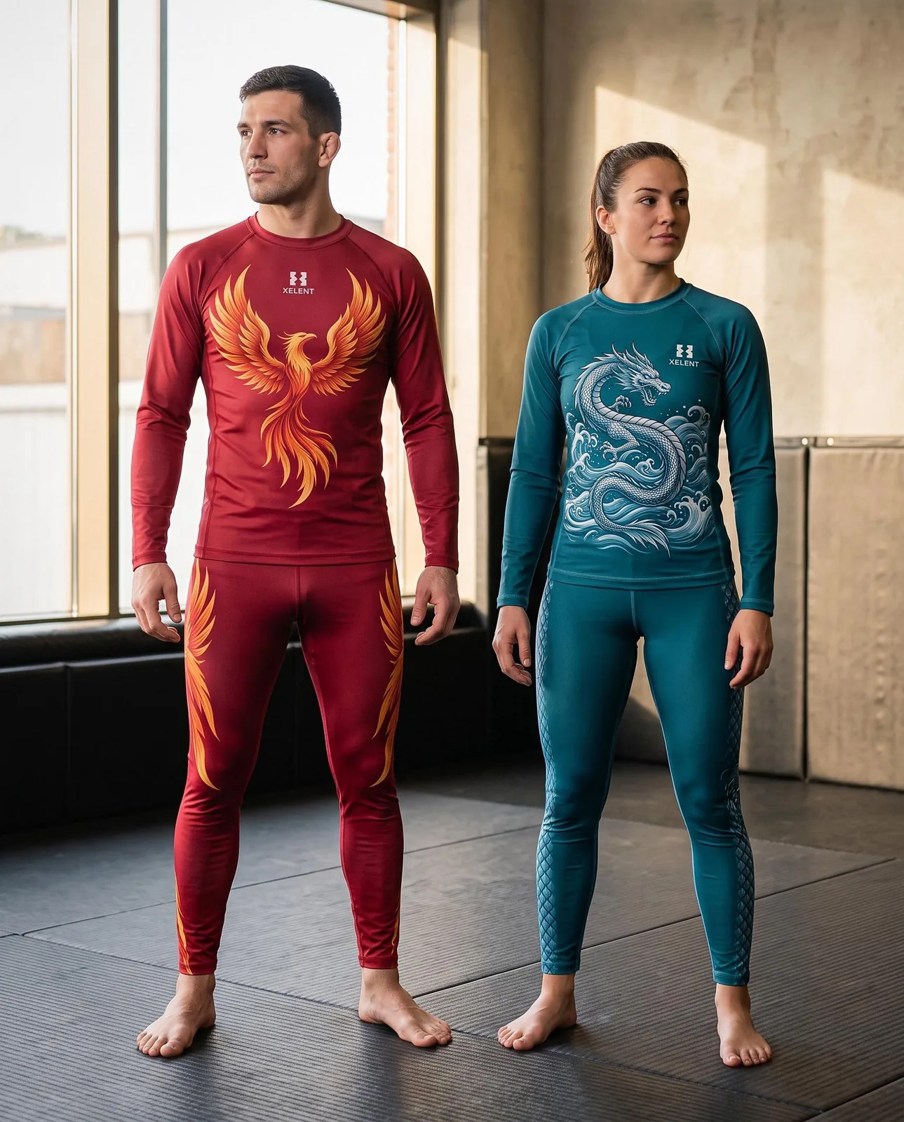 Phoenix and Dragon No Gi Set, Sublimated BJJ Rashguard and Spats, Custom OEM Grappling Wholesale — back view