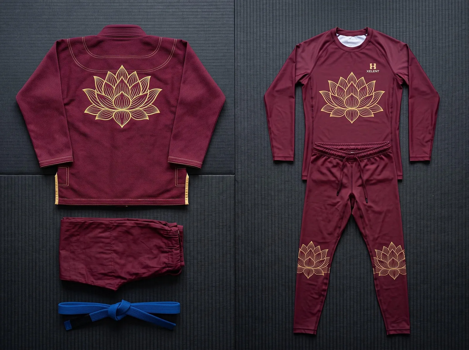 Burgundy Lotus BJJ Gi and No Gi Set, Custom OEM Embroidered Gi plus Sublimated Rashguard and Spats, Wholesale — front view