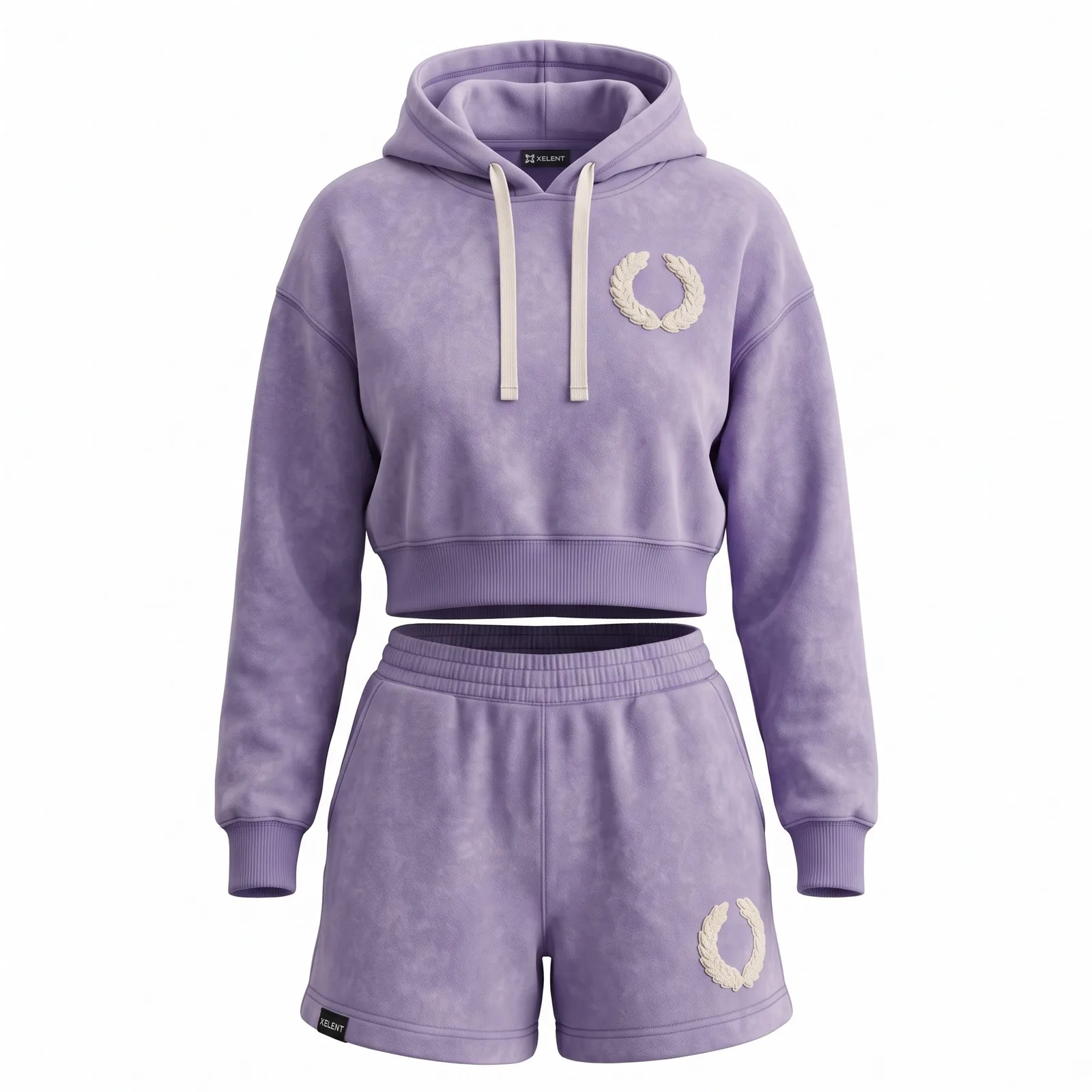 Custom Women Cropped Hoodie and Shorts Set Stone Wash Pastel 360 GSM Fleece Chenille Streetwear OEM Wholesale — front view