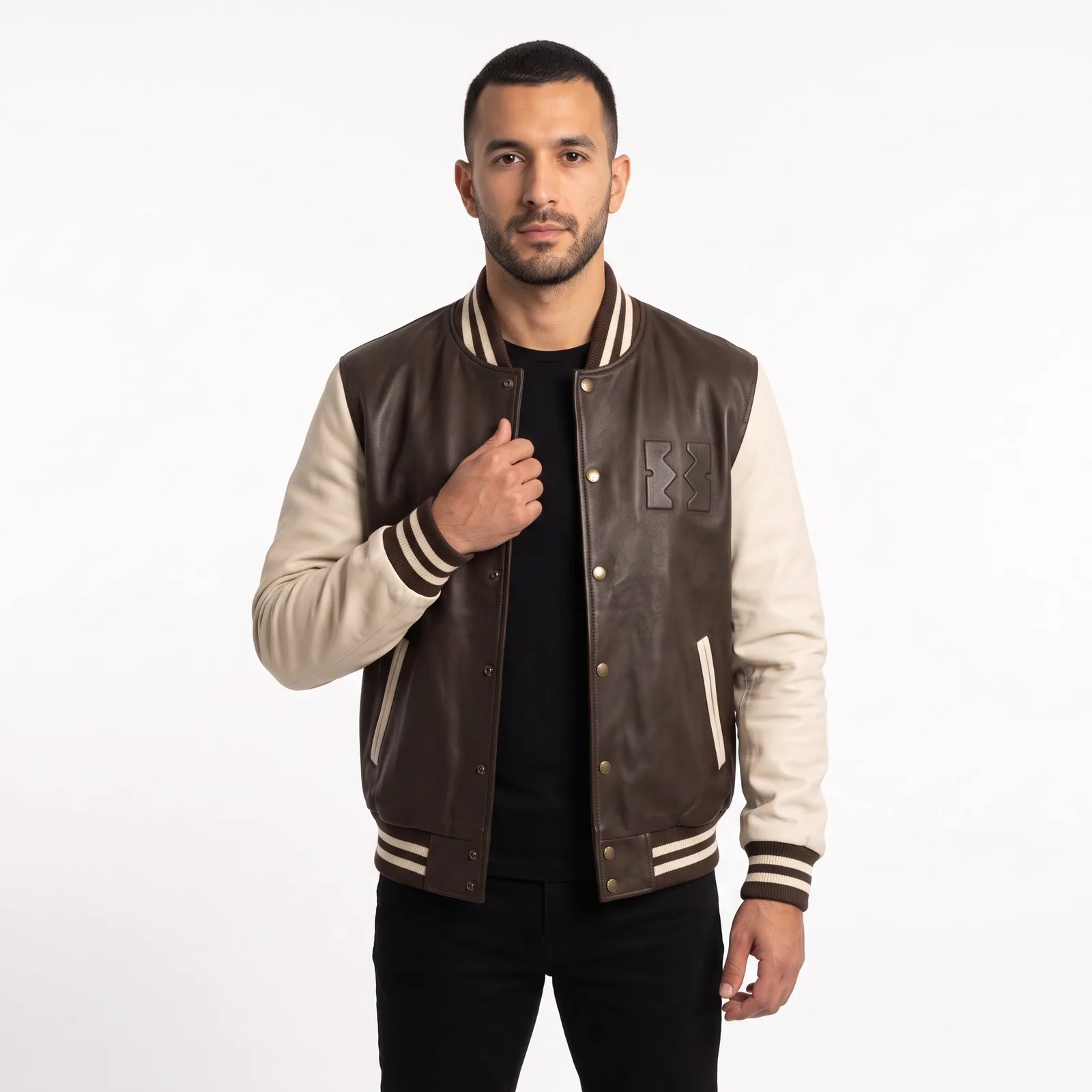 Varsity Jacket Leather Sleeves All Leather Letterman Jacket Lambskin Rib Trims Custom Logo OEM Wholesale — front view