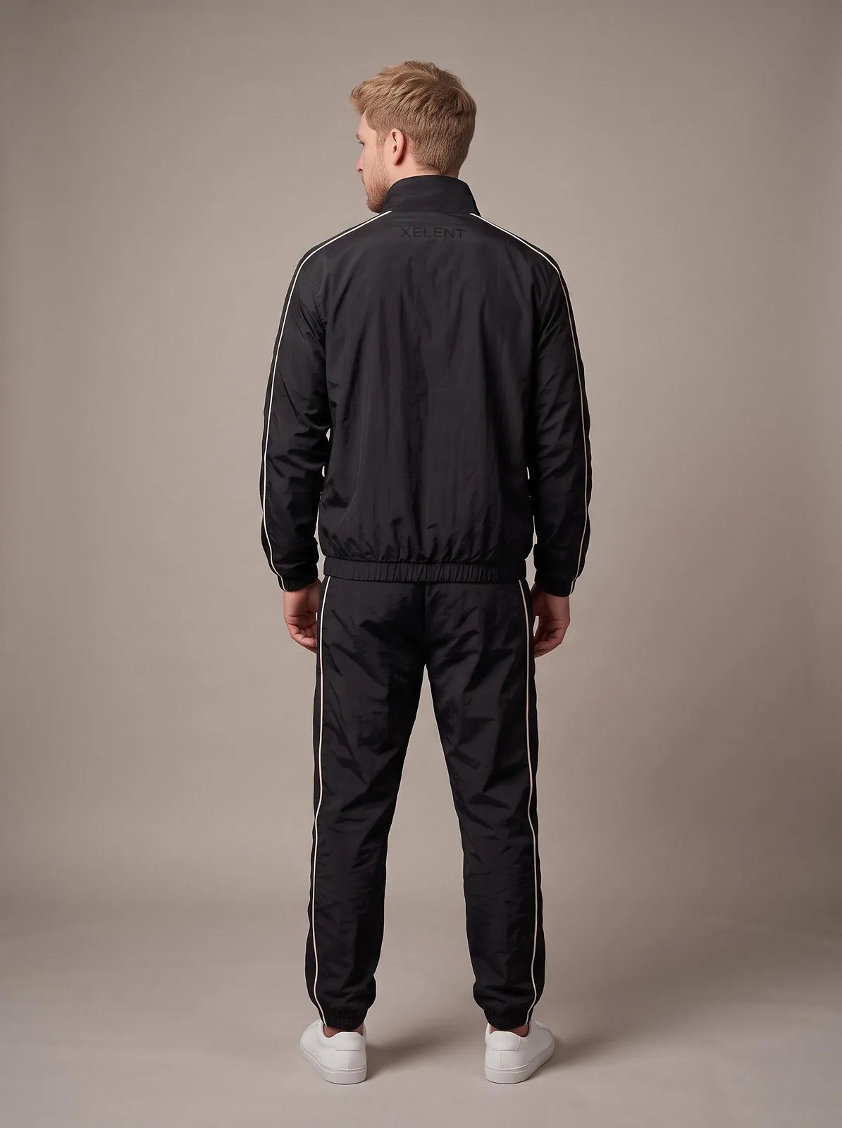 Black and Cream Windbreaker Set, Custom Logo OEM Nylon Jacket and Pants Tracksuit, Unisex Manufacturer — back view