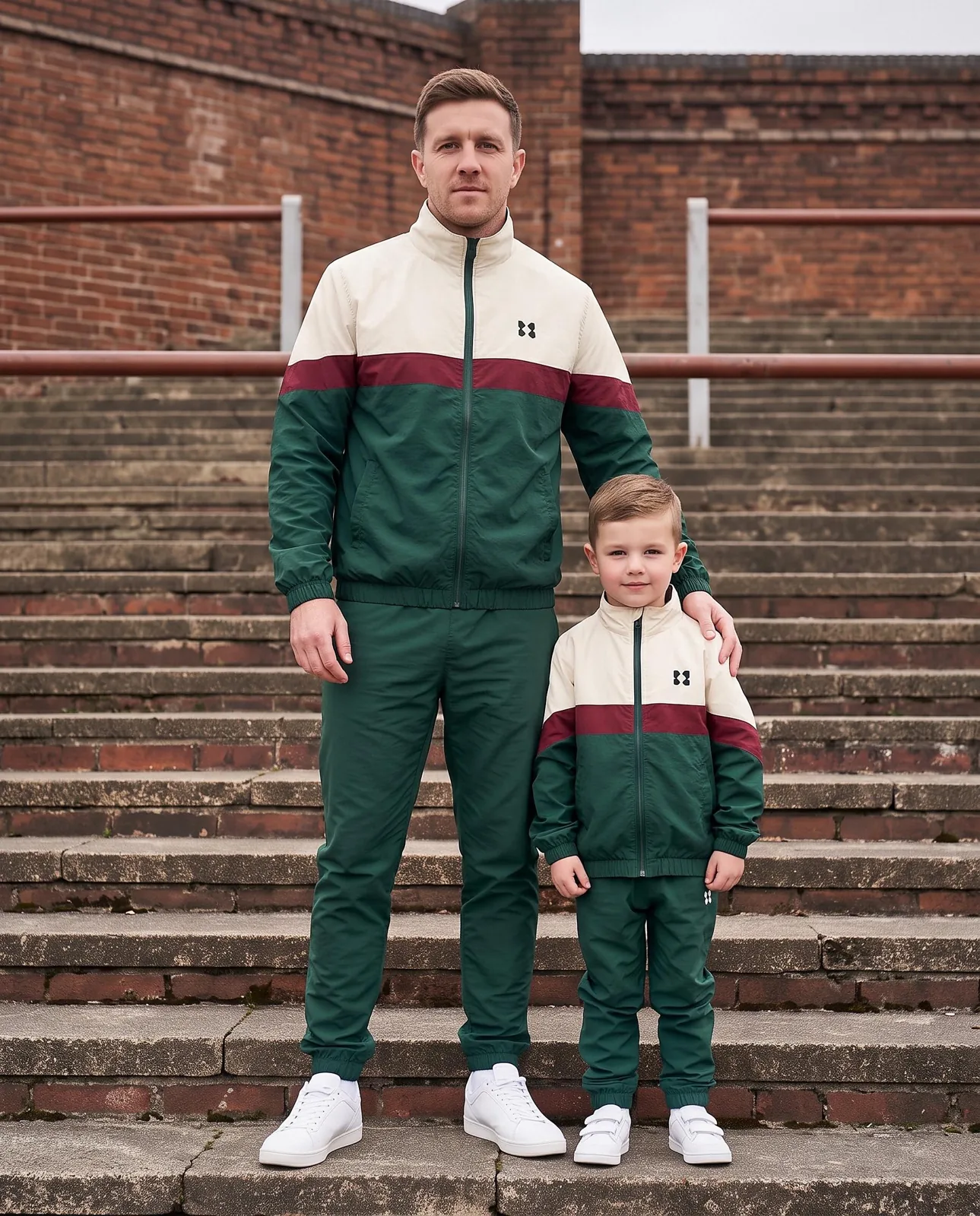 Green and Cream Father Son Matching Windbreaker Set, Custom OEM Family Matching Tracksuit, Wholesale Manufacturer — front view