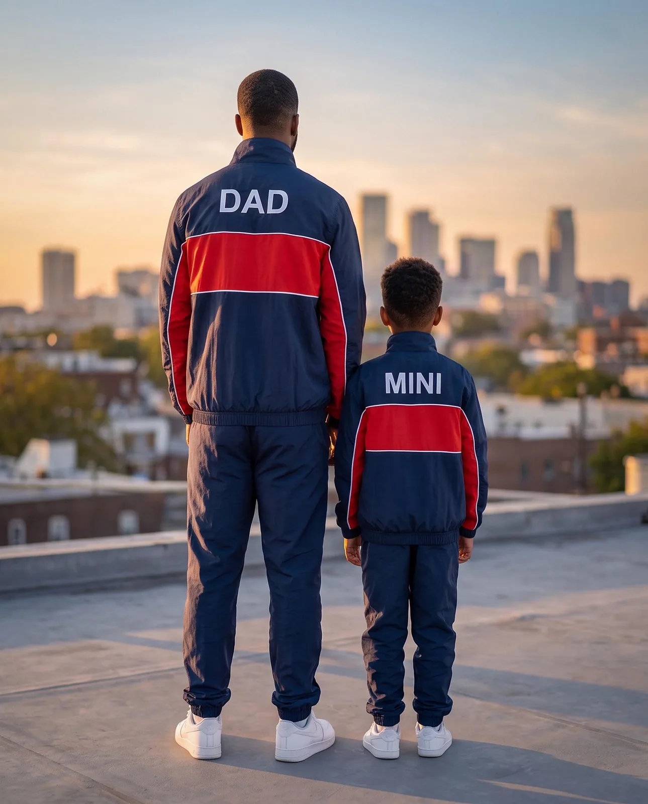 Navy and Red Father Son Matching Windbreaker Set, Custom OEM Family Matching Tracksuit, Wholesale Manufacturer — back view