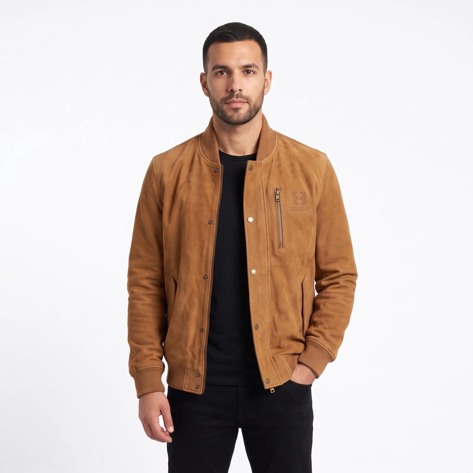 Suede Leather Bomber Jacket Men Rib Collar Storm Flap Genuine Suede Flight Jacket Custom Logo OEM Wholesale — front view