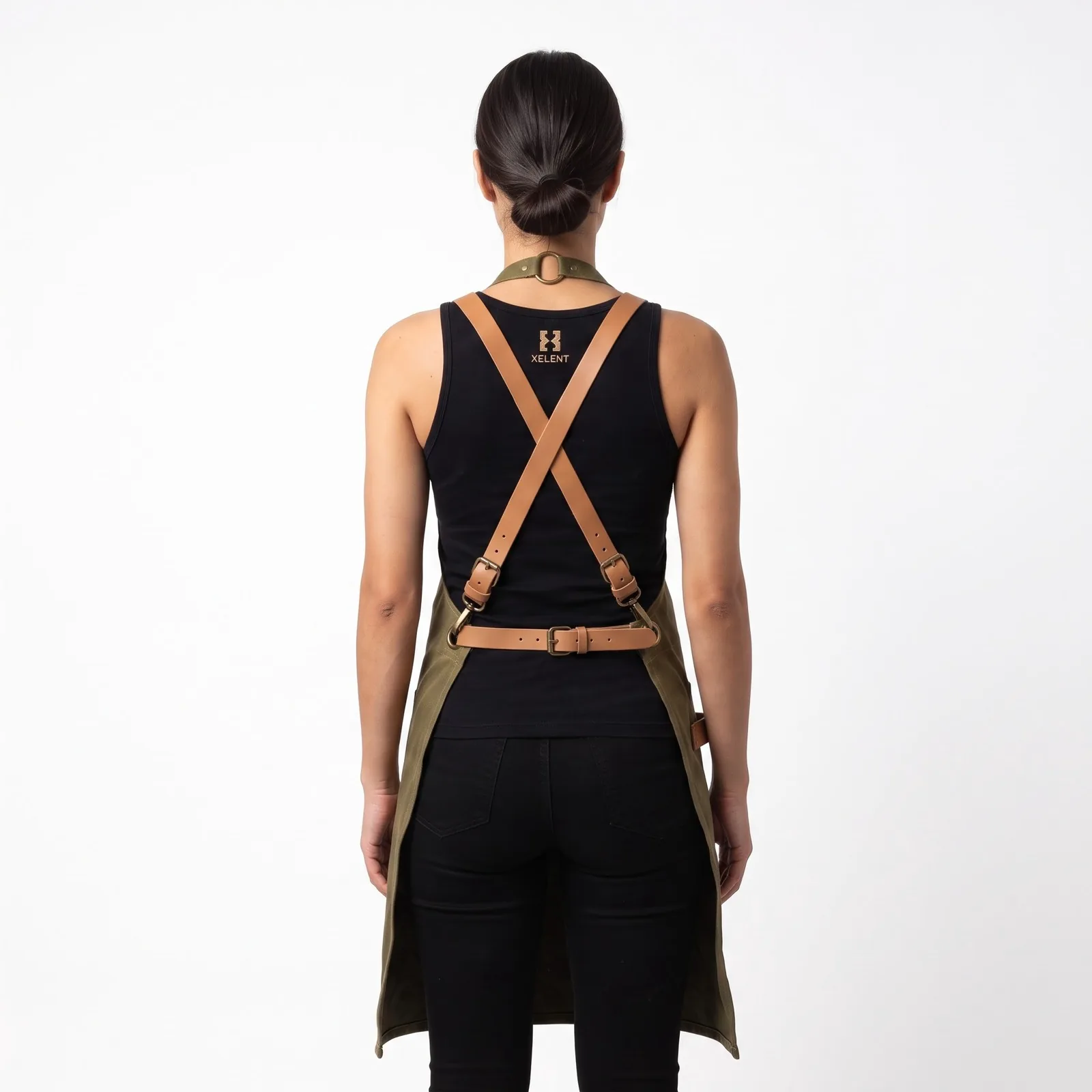 Waxed-Canvas Bib Apron, Cross-Back Leather Straps Waxed Canvas Pockets Embroidered Custom Logo OEM Wholesale — back view