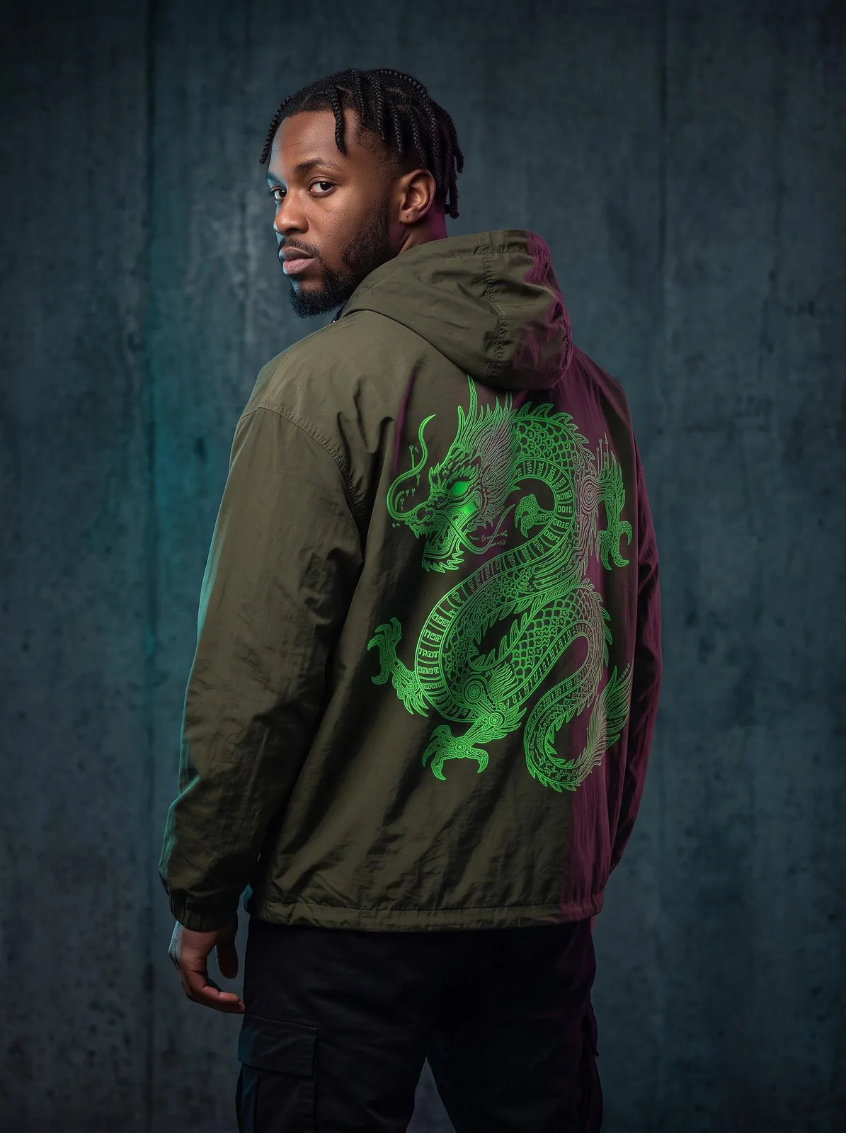 Olive Cyberpunk Windbreaker, Custom OEM Oversized Nylon Jacket, Unisex Streetwear Manufacturer — back view