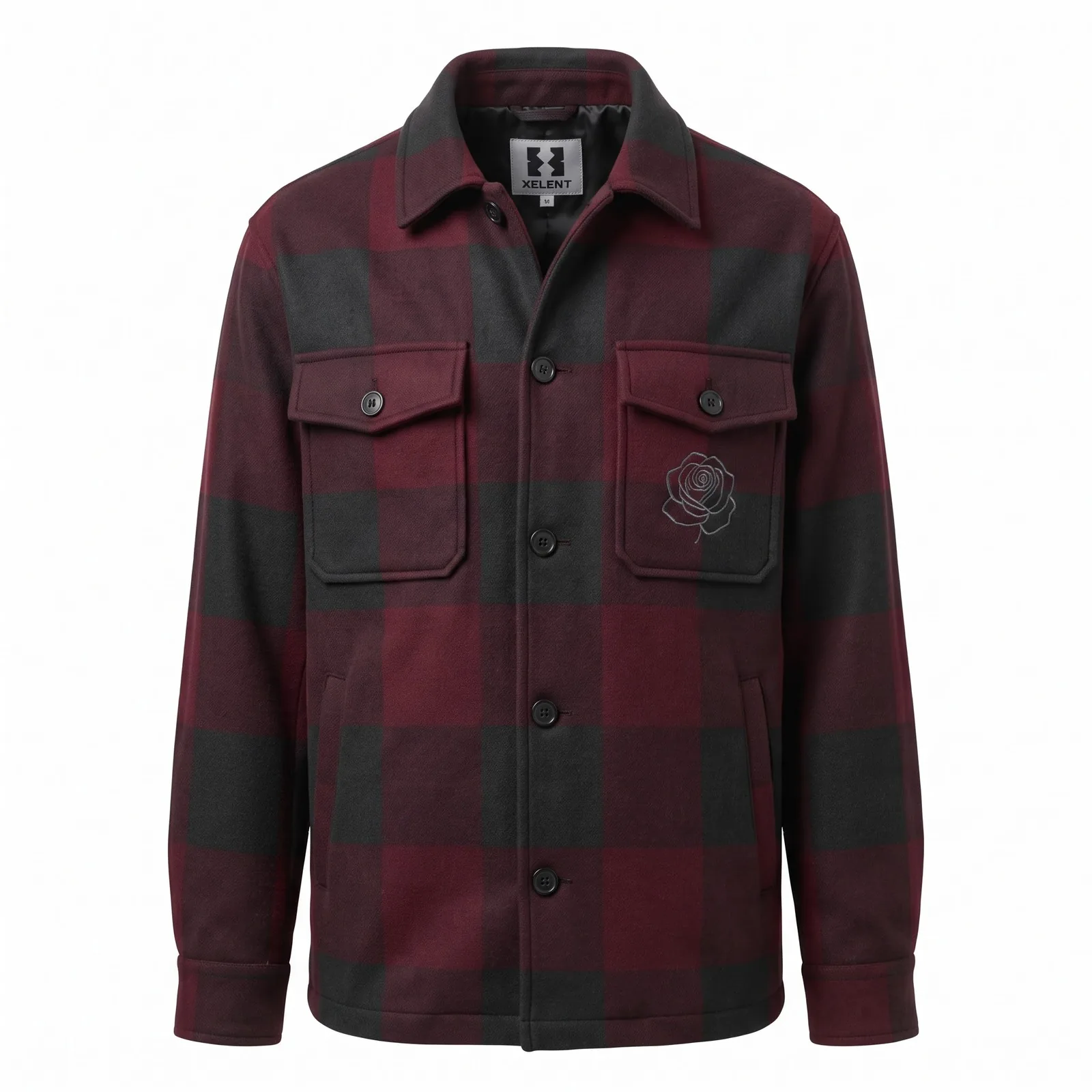Custom Wool Blend Plaid Overshirt Jacket Melton Satin Lined Embroidered Streetwear Shacket OEM Wholesale — front view