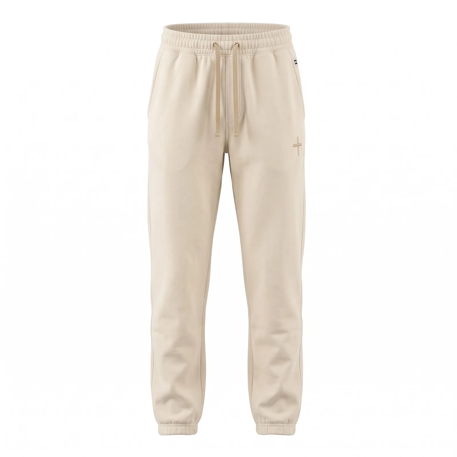 Custom Relaxed Sweatpants 380 GSM Washed Cream Fleece Embroidered Cross Church Merch Pants OEM Wholesale — front view