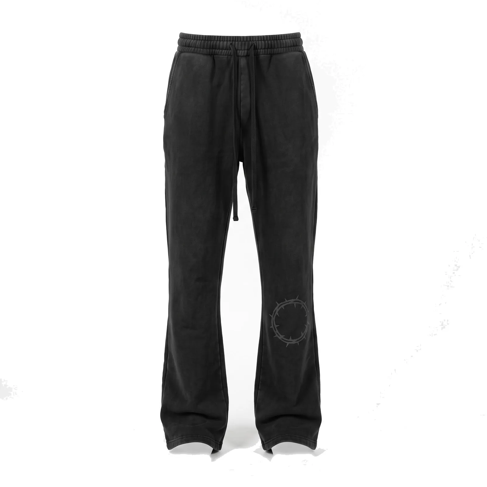 Custom Flared Sweatpants 400 GSM Mineral Wash Heavyweight Fleece Stacked Hem Black Streetwear OEM Wholesale — front view