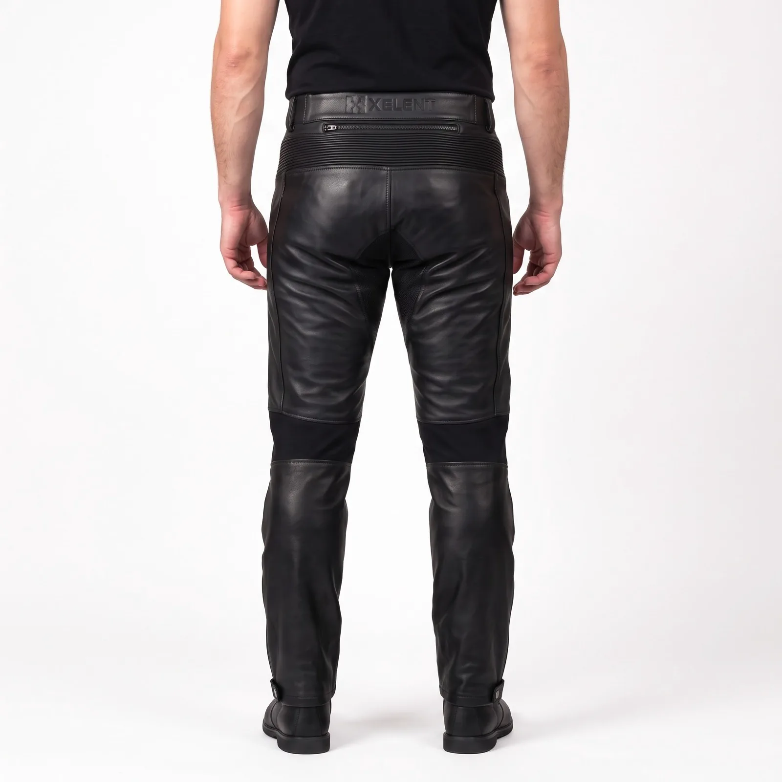 Leather Motorcycle Pants Men Cowhide Accordion Stretch Knees Perforated Calf Zips Riding Pants Custom Logo OEM — back view
