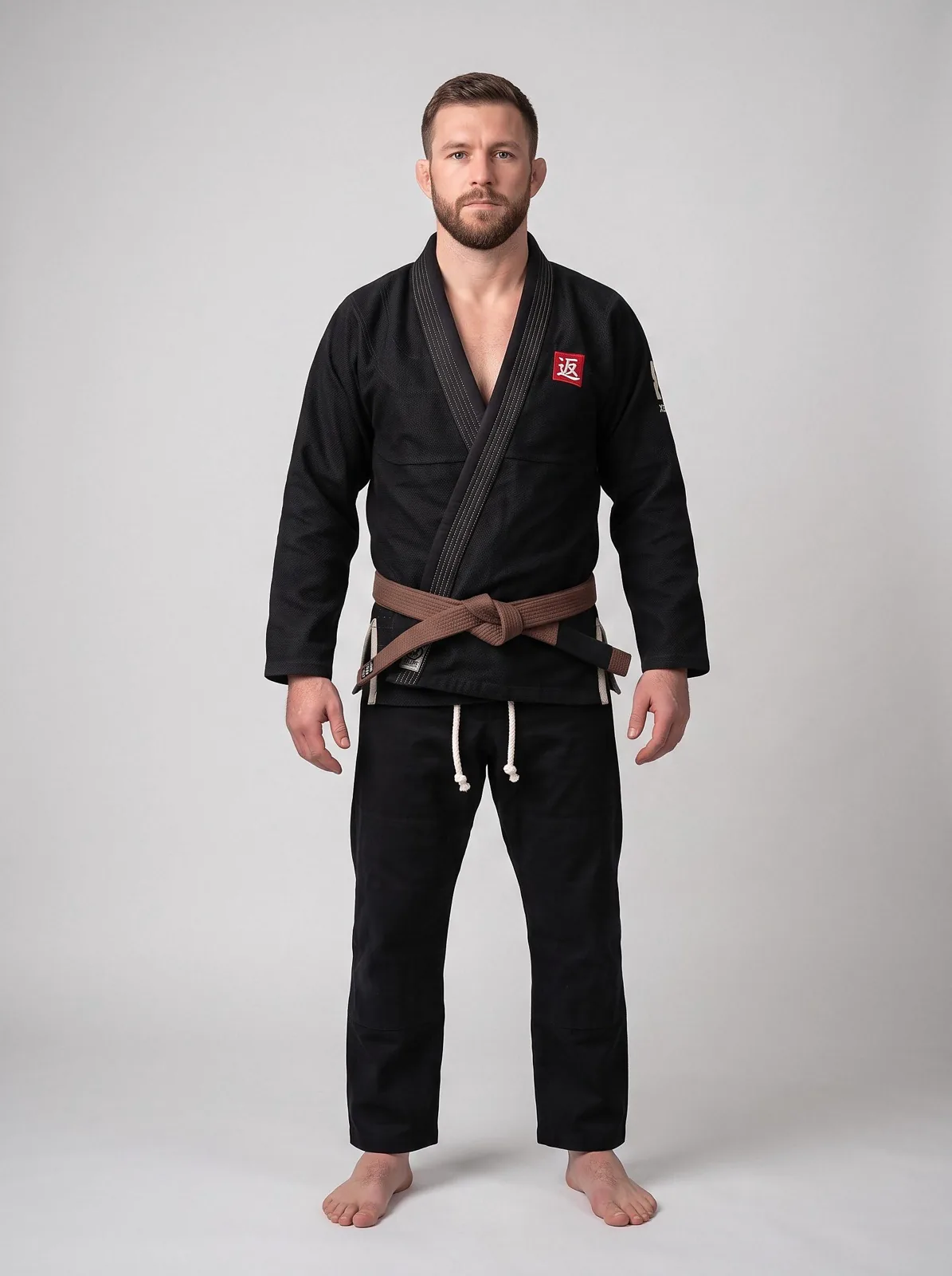 Black BJJ Gi, Japanese Wave Embroidery, Custom OEM 450 GSM Pearl Weave Jiu Jitsu Kimono, Wholesale Manufacturer — front view