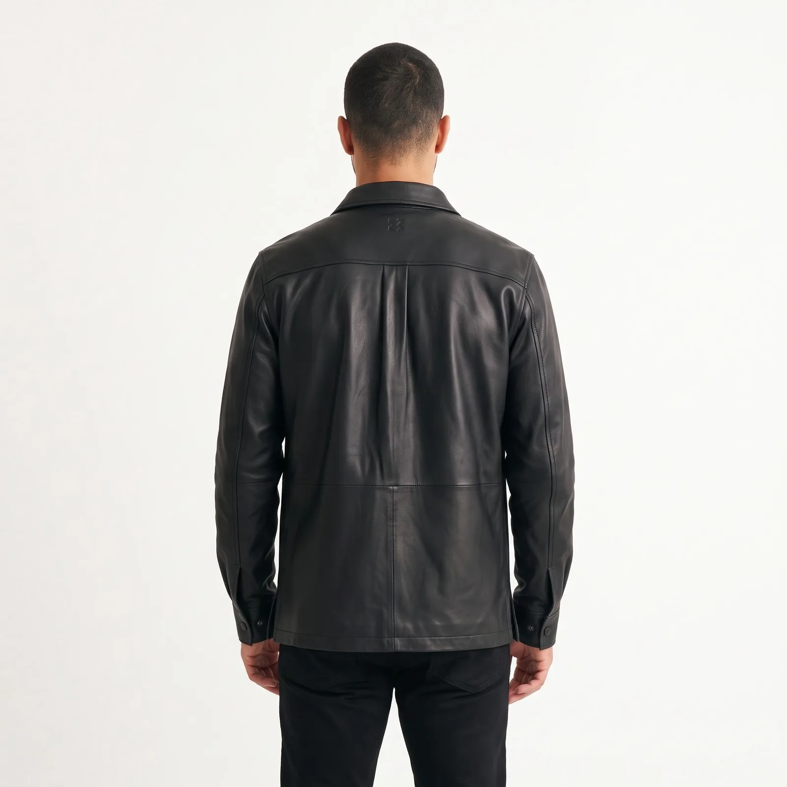 Men Leather Overshirt Lambskin Snap Front Chest Pockets Genuine Leather Shirt Jacket Custom Logo OEM Wholesale — back view