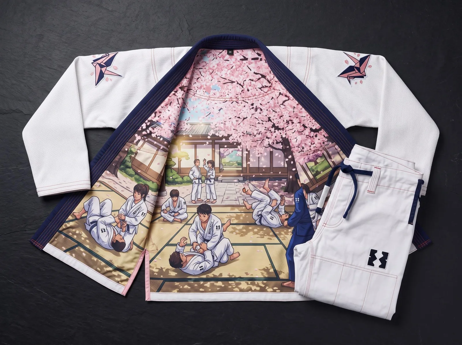 White BJJ Gi Origami Crane Sakura Embroidery, Custom OEM 450 GSM Pearl Weave Jiu Jitsu Kimono, Wholesale Manufacturer — front view