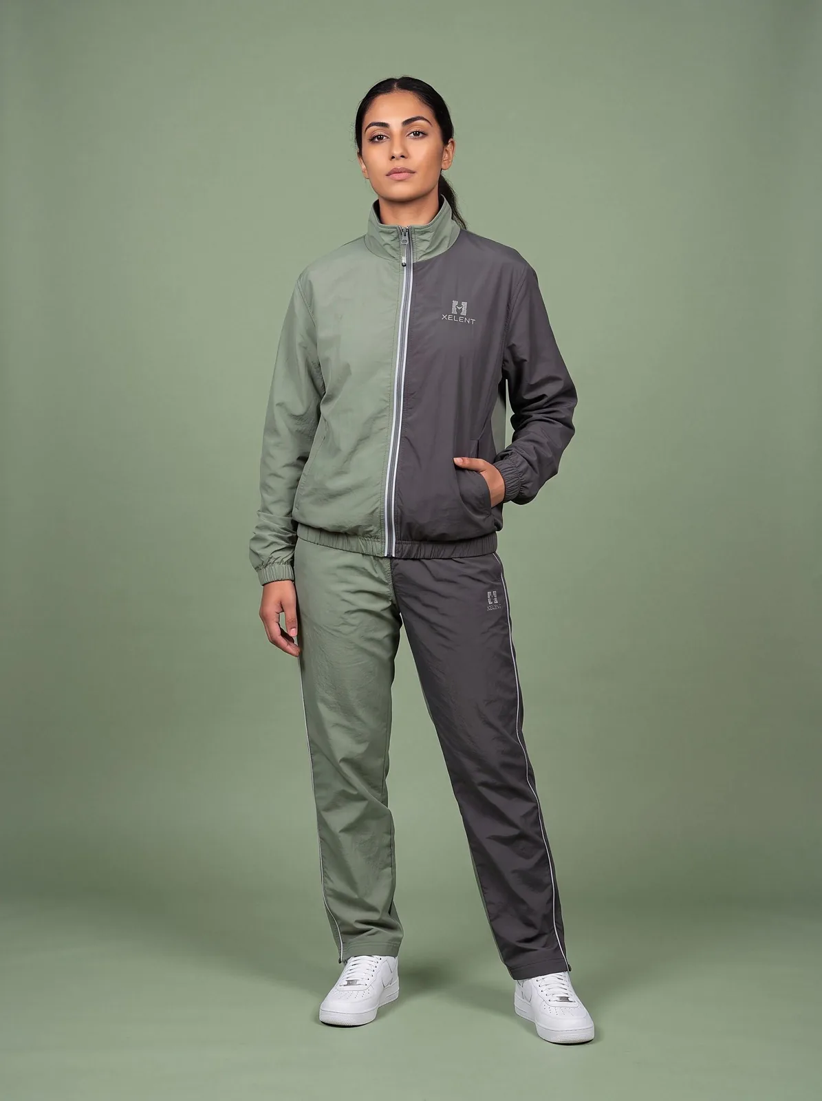 Sage and Charcoal Windbreaker Set, Custom Logo OEM Nylon Jacket and Pants Tracksuit, Unisex Manufacturer — front view