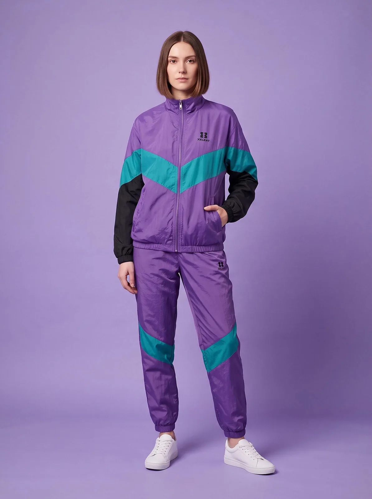 Purple and Teal Windbreaker Set, Custom Logo OEM Nylon Jacket and Pants Tracksuit, Unisex Manufacturer — front view