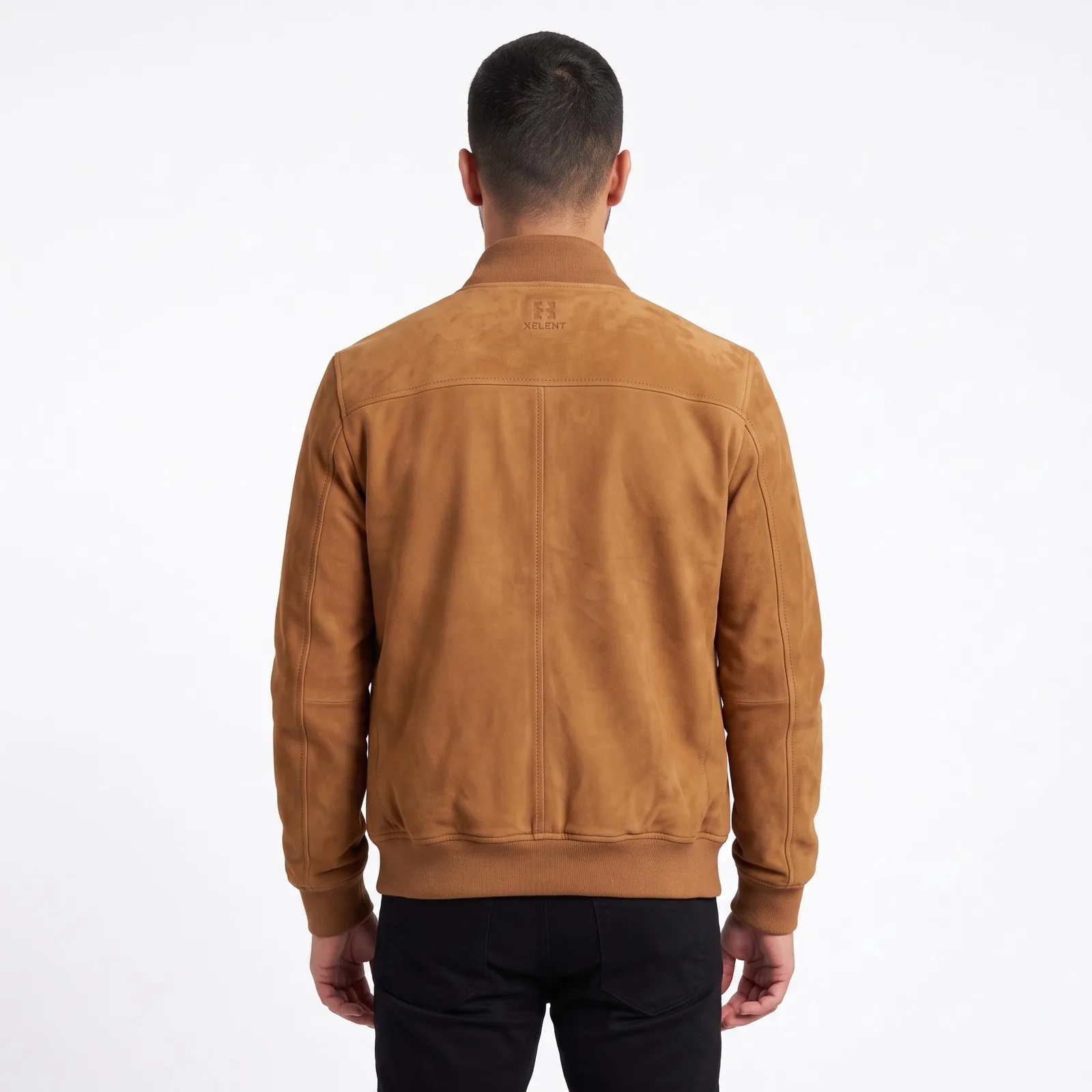 Suede Leather Bomber Jacket Men Rib Collar Storm Flap Genuine Suede Flight Jacket Custom Logo OEM Wholesale — back view