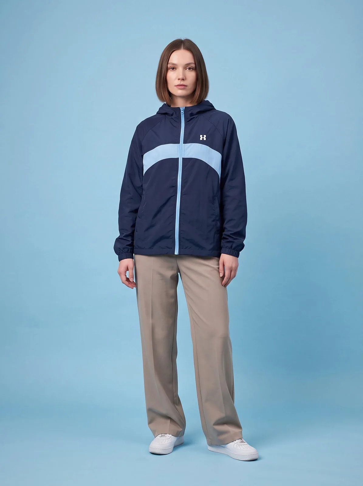 Navy Cropped Hooded Windbreaker, Custom OEM Oversized Nylon Jacket, Unisex Streetwear Manufacturer — front view