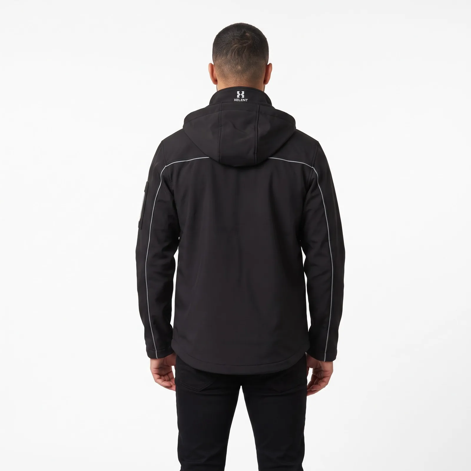 Delivery Rider Jacket, Softshell with Reflective Piping Fleece Zip Hooded Pockets Custom Logo OEM Wholesale — back view