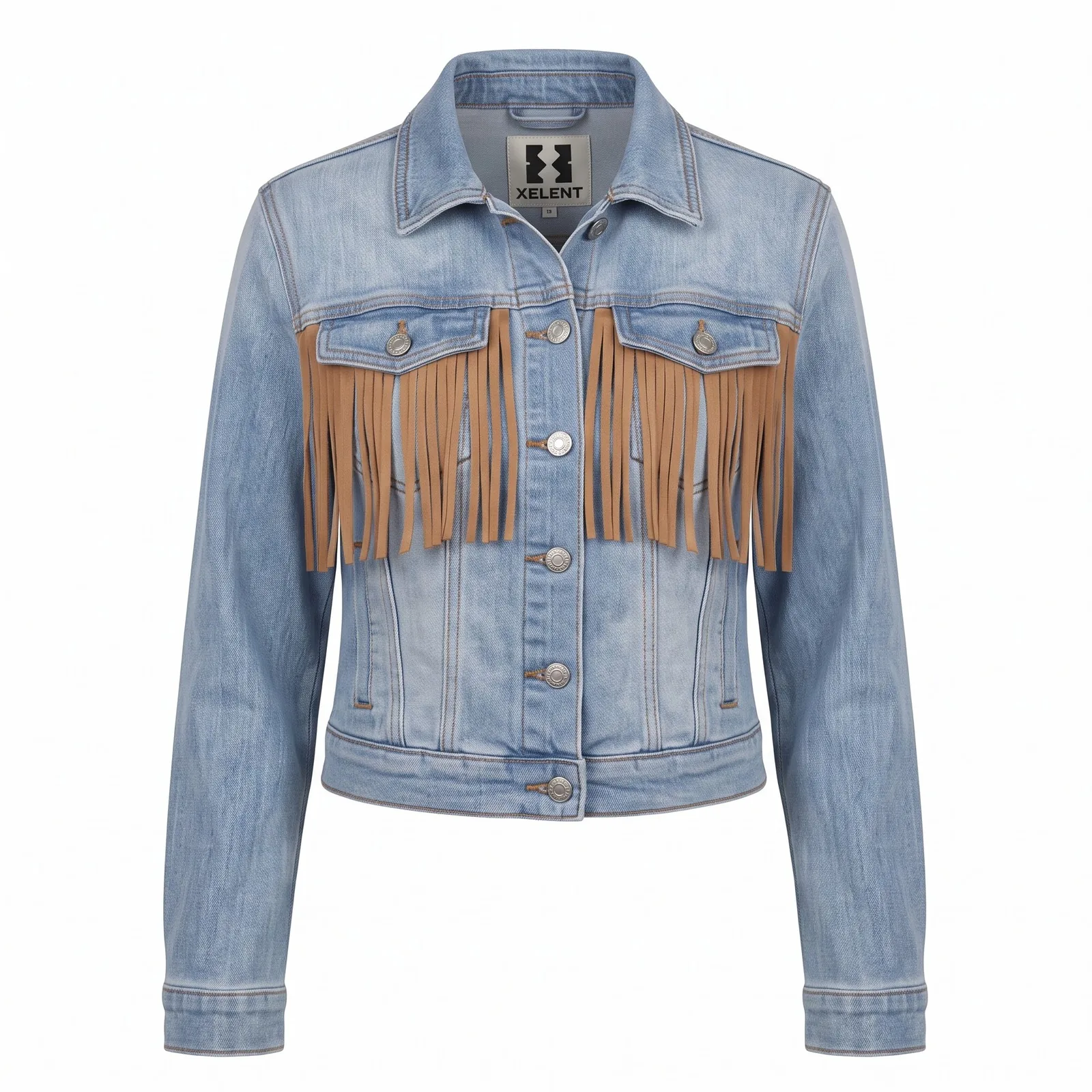 Custom Fringe Denim Jacket Women Cropped Stone Washed Rhinestone Star Western Trucker Jacket OEM Wholesale — front view