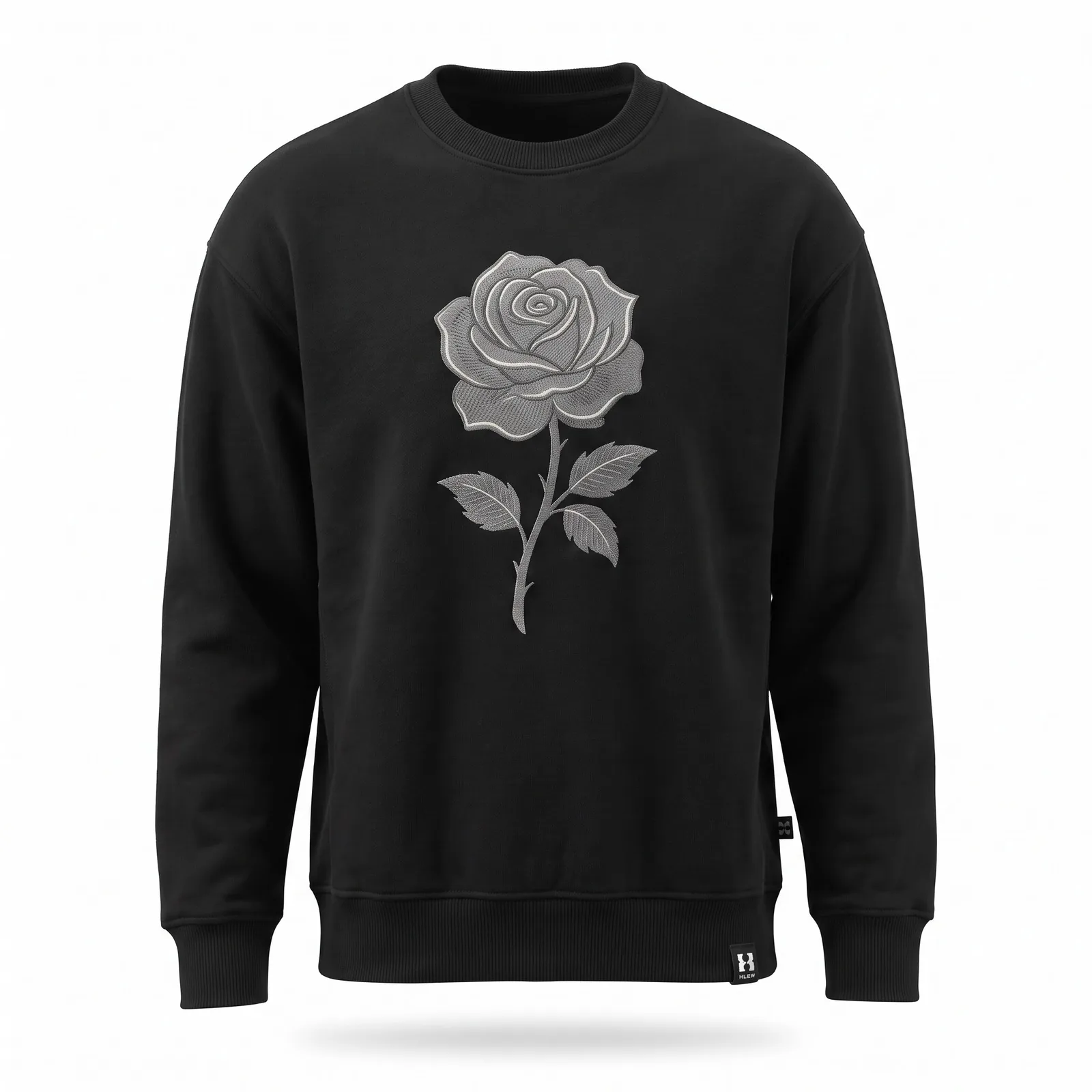 Custom Crewneck Sweatshirt 380 GSM Heavyweight Fleece Large Embroidered Rose Streetwear OEM Wholesale — front view