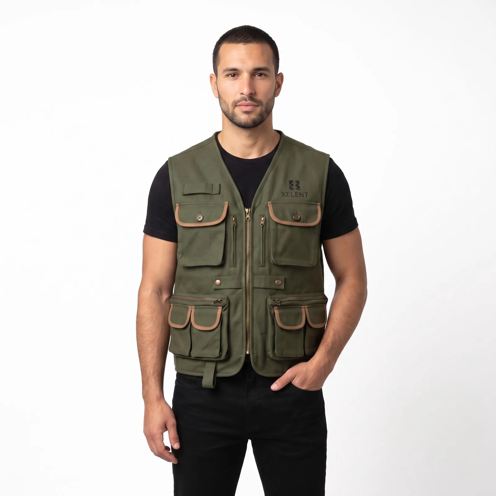Wool-Cotton Fly-Fishing Vest Zip Pockets Embroidered Custom Logo OEM Wholesale — front view