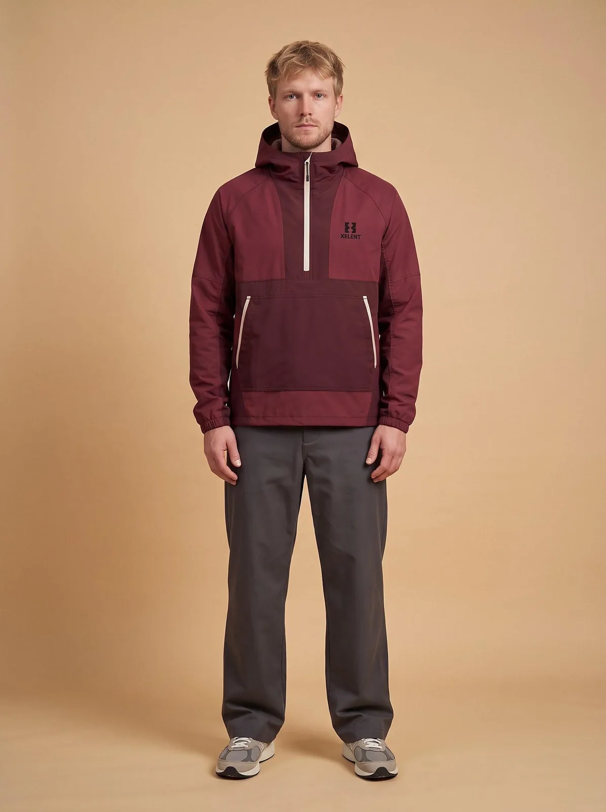 Burgundy and Navy Longline Anorak, Custom Logo OEM Ripstop Anorak, Unisex Streetwear Factory — front view