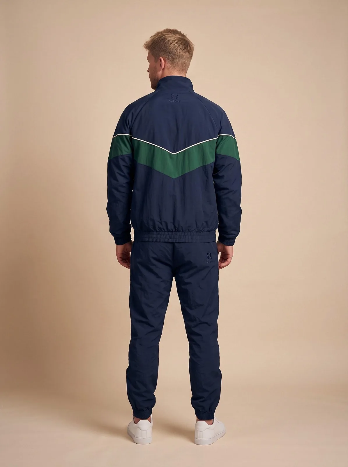 Navy and Green Windbreaker Set, Custom Logo OEM Nylon Jacket and Pants Tracksuit, Unisex Manufacturer — back view