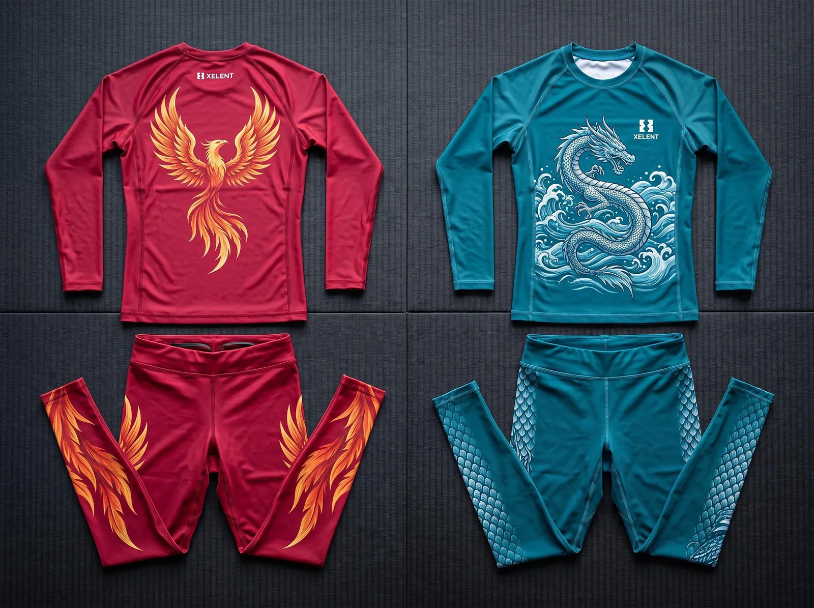 Phoenix and Dragon No Gi Set, Sublimated BJJ Rashguard and Spats, Custom OEM Grappling Wholesale — front view