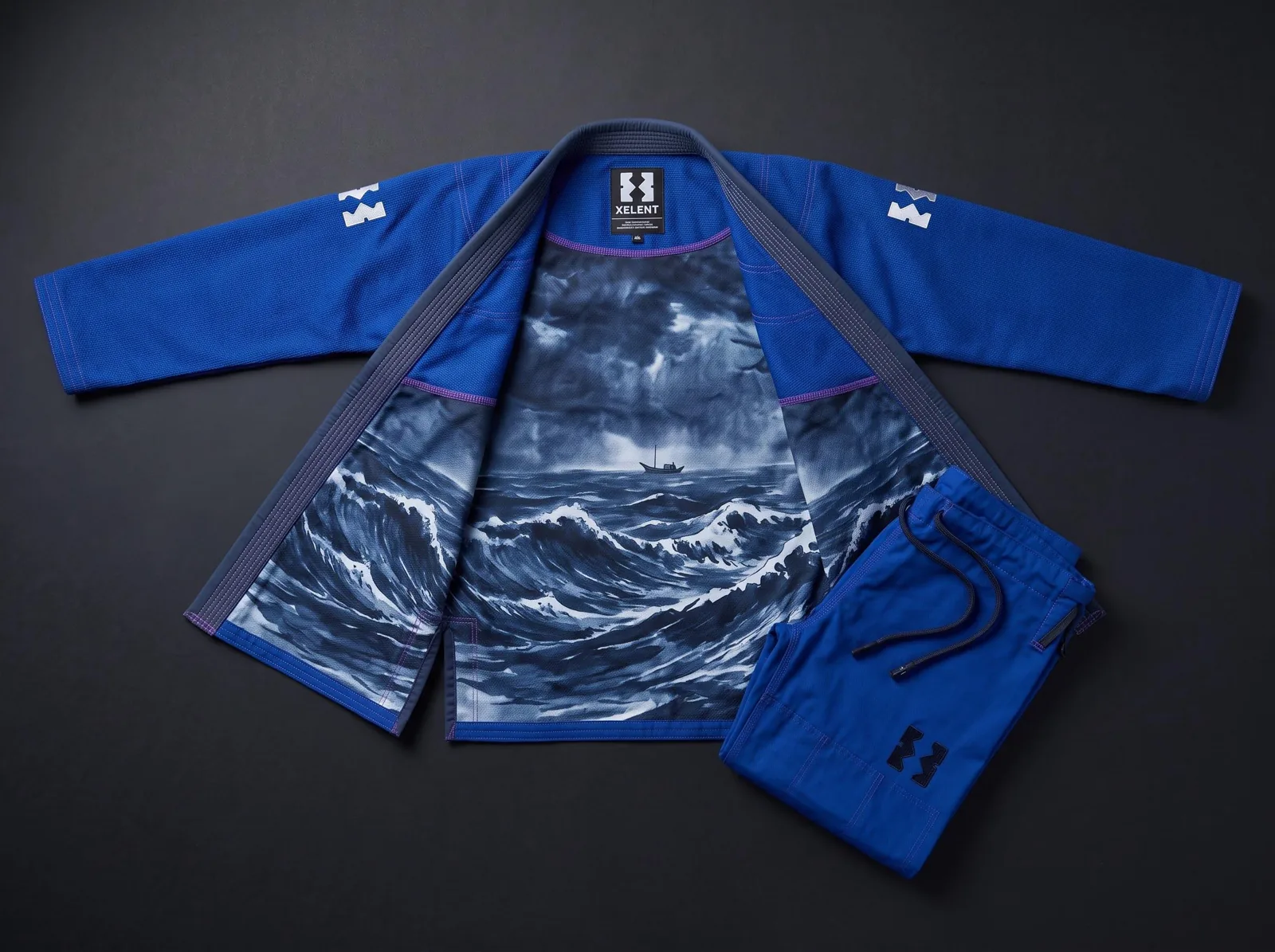 Blue BJJ Gi Japanese Wave Embroidery, Custom OEM 450 GSM Pearl Weave Jiu Jitsu Kimono, Wholesale Manufacturer — front view
