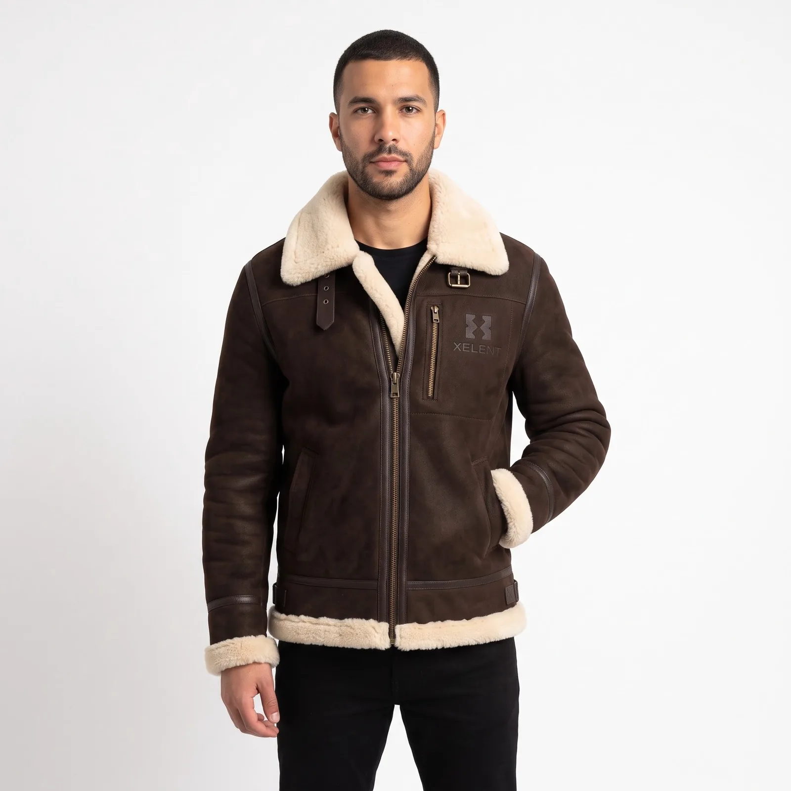 Sheepskin Aviator Jacket Men Genuine Shearling B3 Style Flight Jacket Throat Strap Custom Logo OEM Wholesale — front view