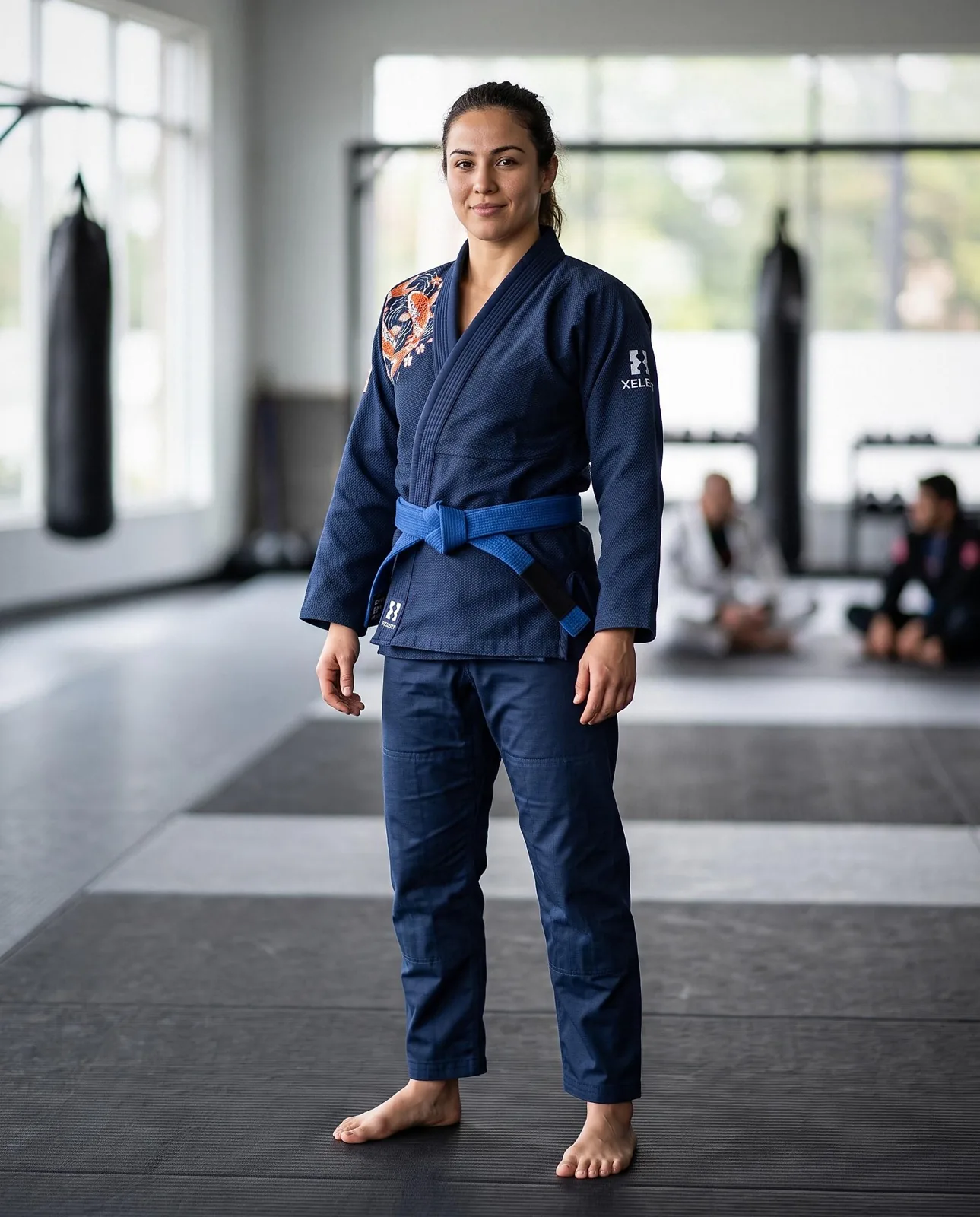 Navy Koi BJJ Gi and No Gi Set, Custom OEM Embroidered Gi plus Sublimated Rashguard and Spats, Wholesale — back view