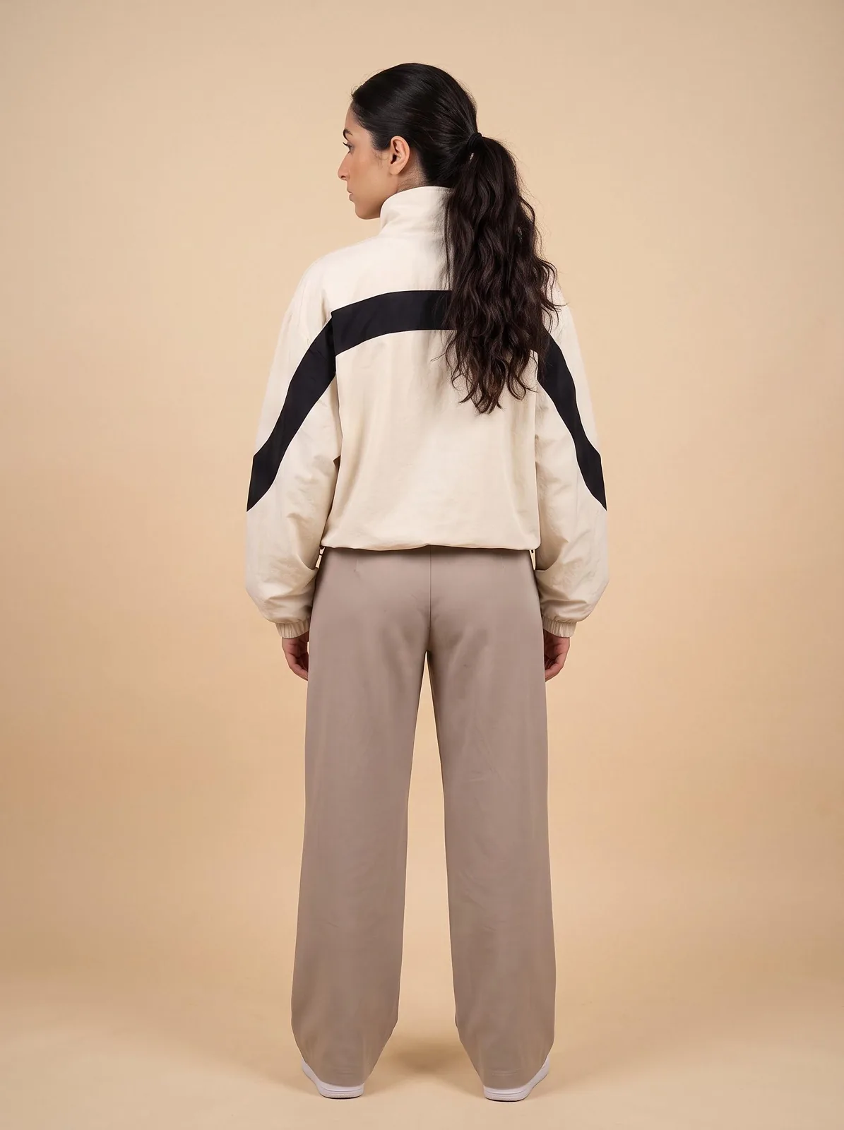 Cream Cropped Track Jacket, Custom OEM Oversized Nylon Jacket, Unisex Streetwear Manufacturer — back view