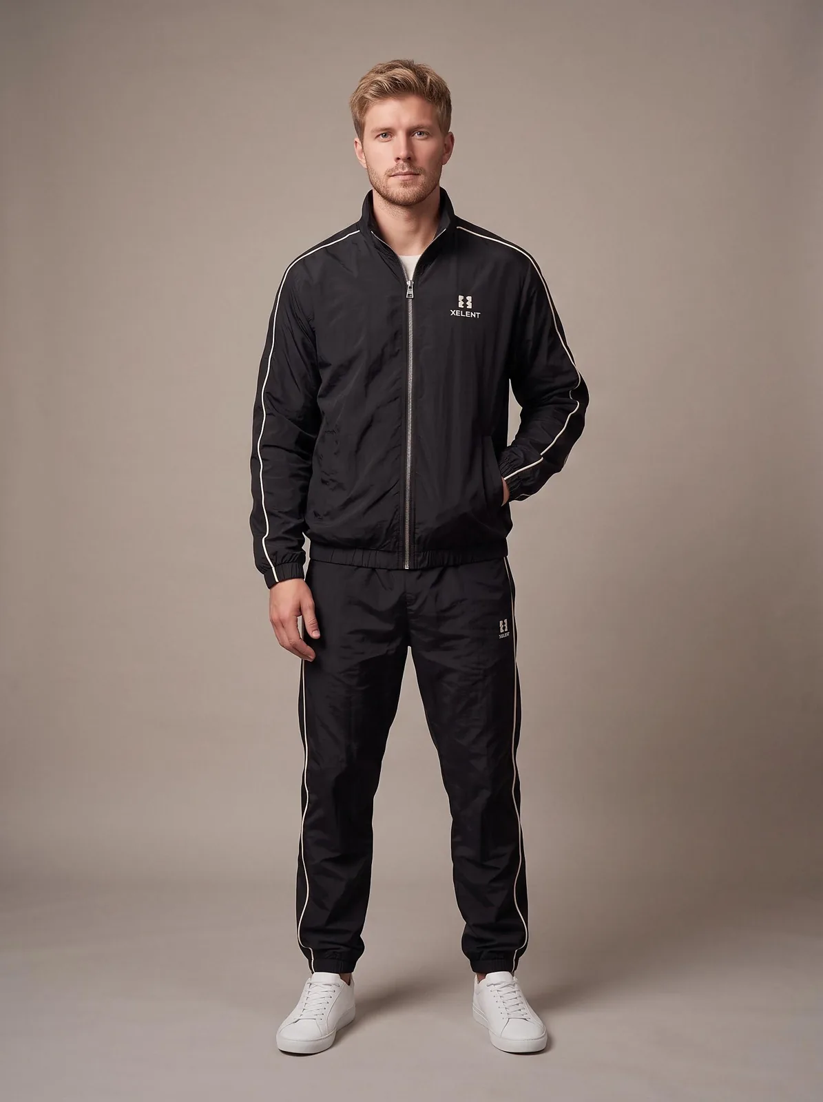 Black and Cream Windbreaker Set, Custom Logo OEM Nylon Jacket and Pants Tracksuit, Unisex Manufacturer — front view