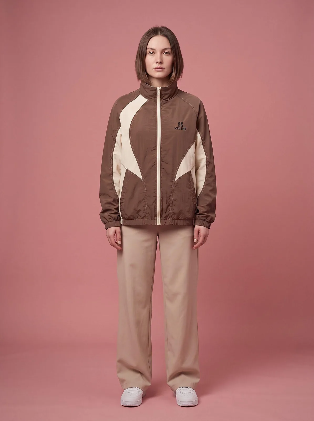 Mocha Cropped Track Jacket, Custom OEM Oversized Nylon Jacket, Unisex Streetwear Manufacturer — front view