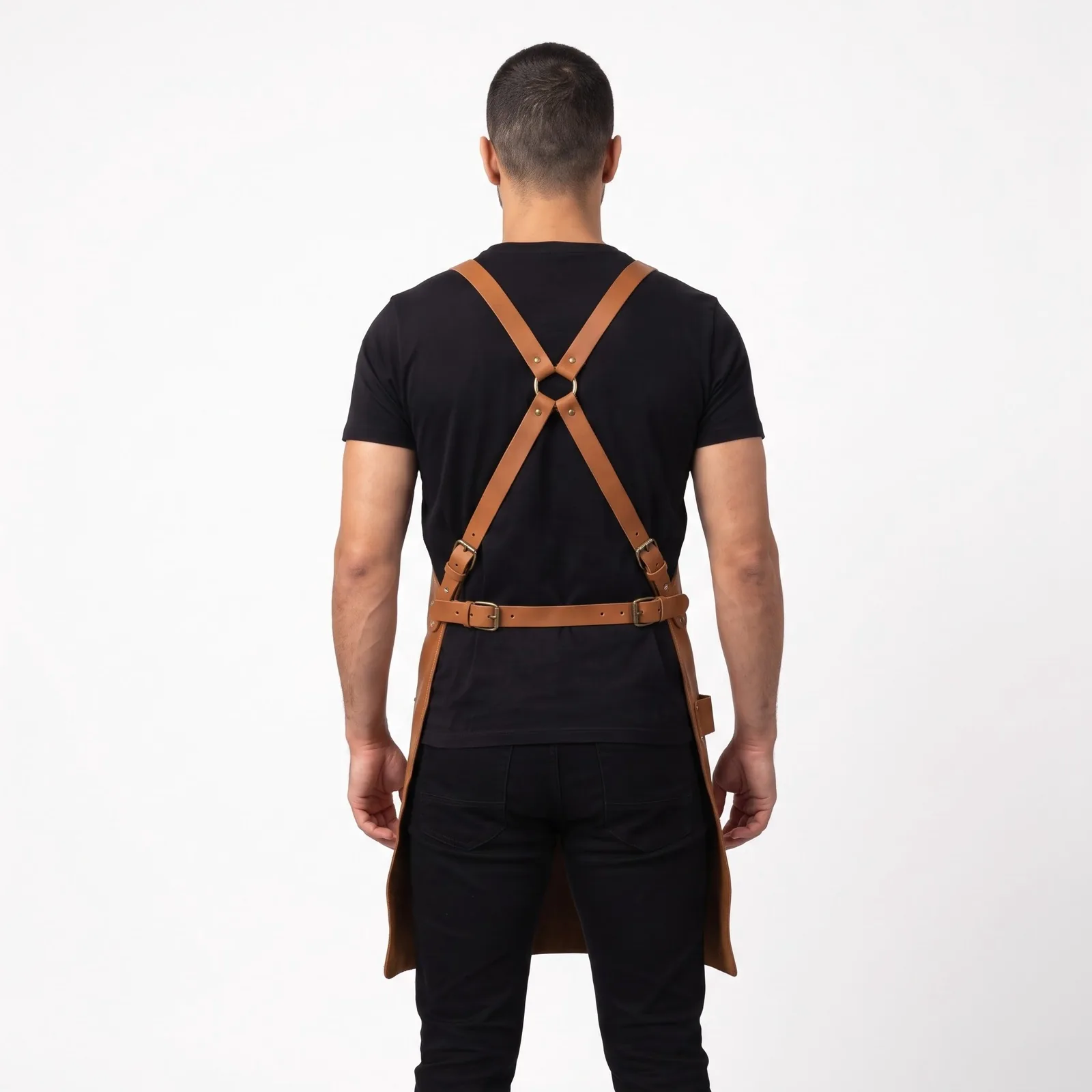Full-Grain Leather Bib Apron Cowhide Leather Pockets Custom Logo OEM Wholesale — back view