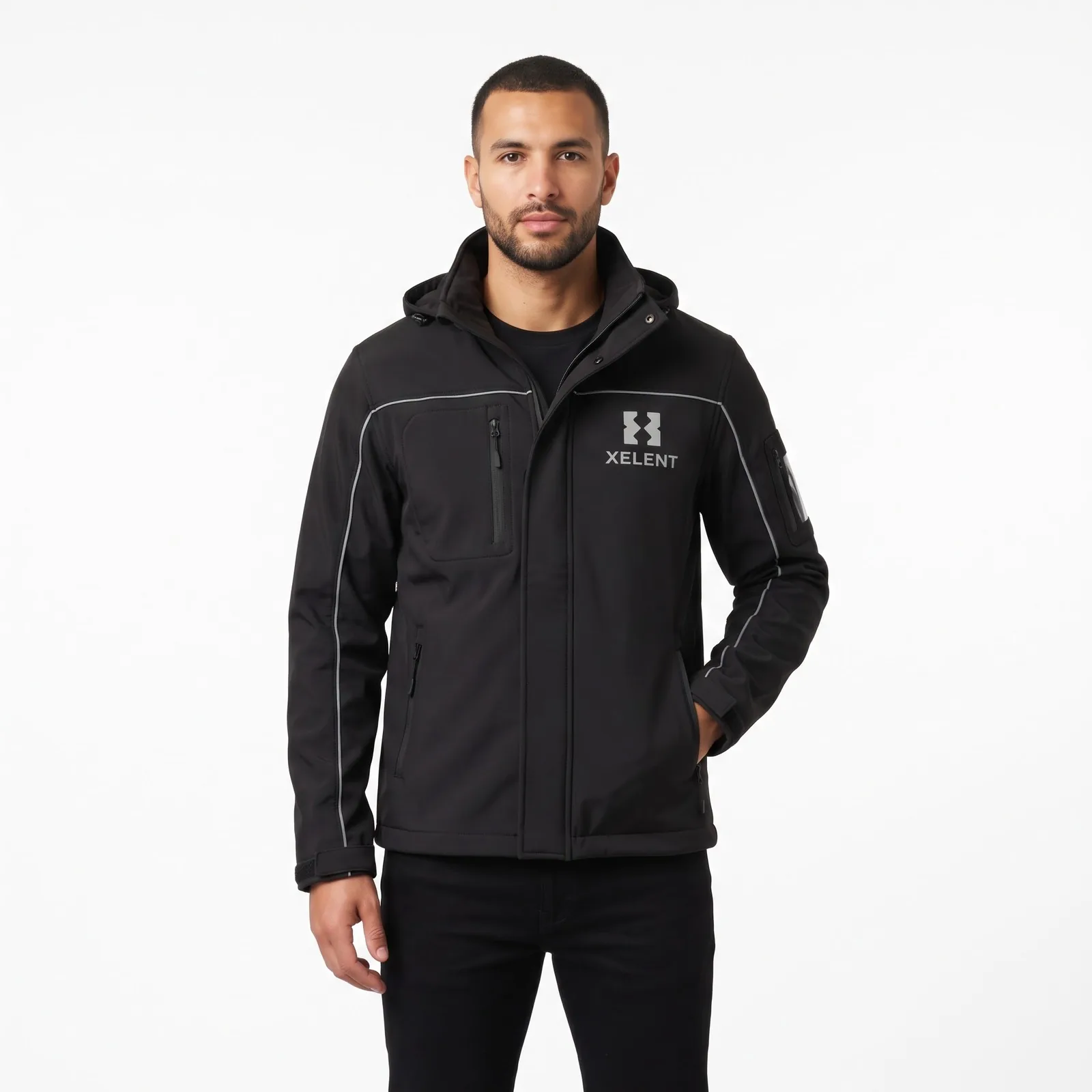 Delivery Rider Jacket, Softshell with Reflective Piping Fleece Zip Hooded Pockets Custom Logo OEM Wholesale — front view