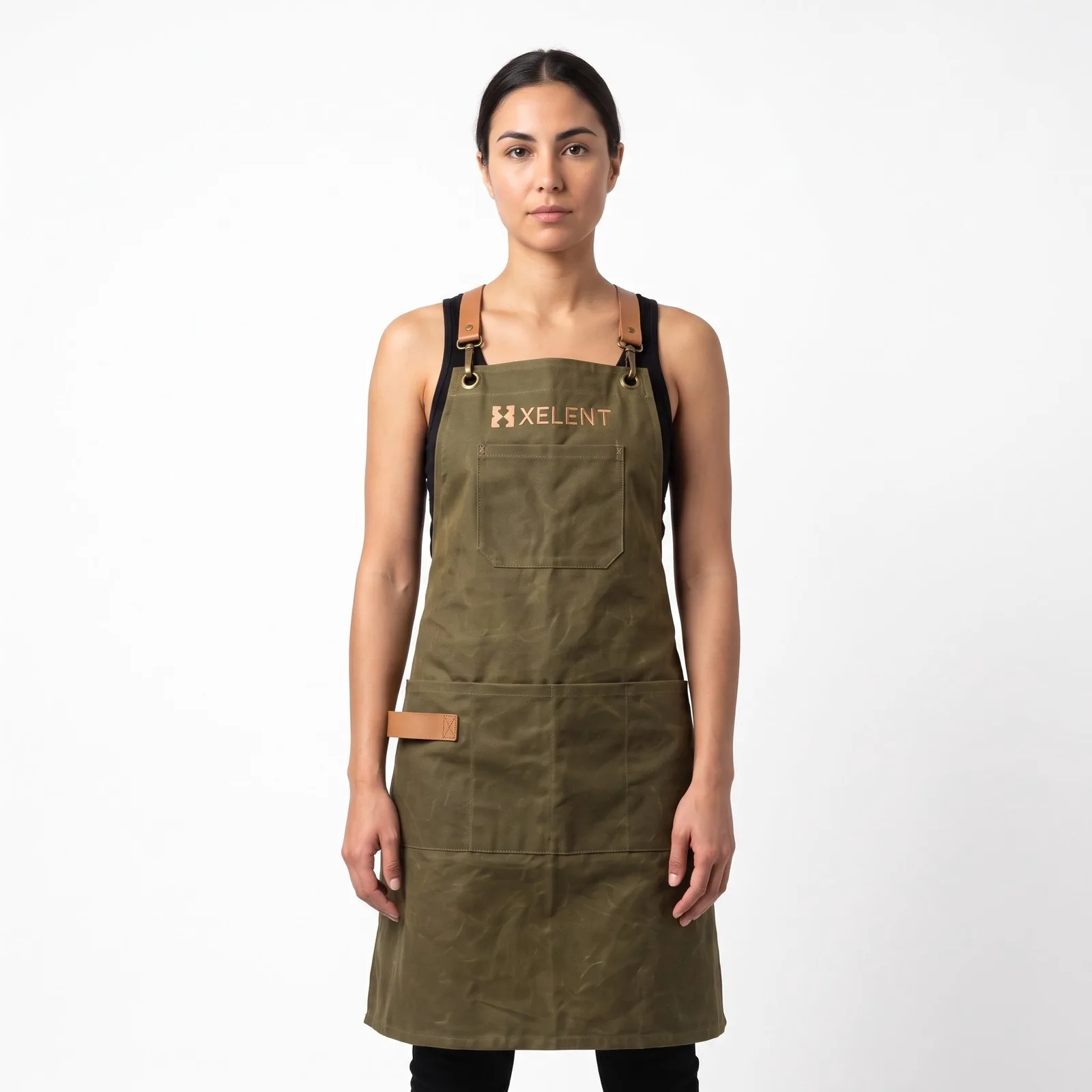 Waxed-Canvas Bib Apron, Cross-Back Leather Straps Waxed Canvas Pockets Embroidered Custom Logo OEM Wholesale — front view