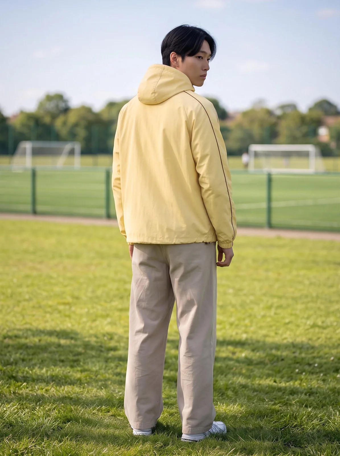 Butter Yellow and Chocolate Brown Hooded Anorak, Custom Logo OEM Ripstop Anorak, Unisex Streetwear Factory — back view