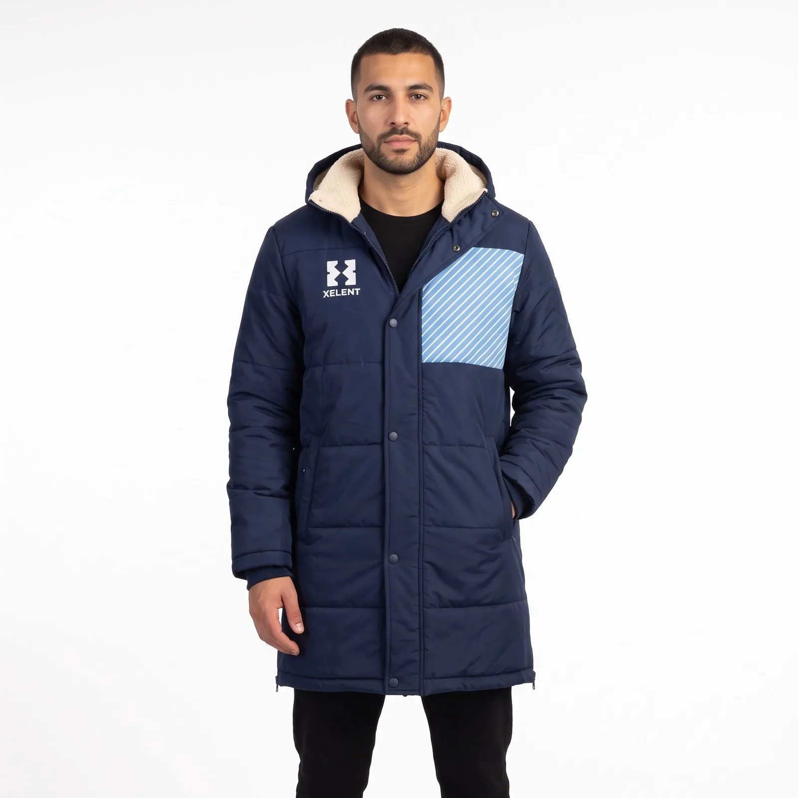 Padded Sideline Bench Coat Fleece Sublimated Zip Hooded Custom Logo OEM Wholesale — front view