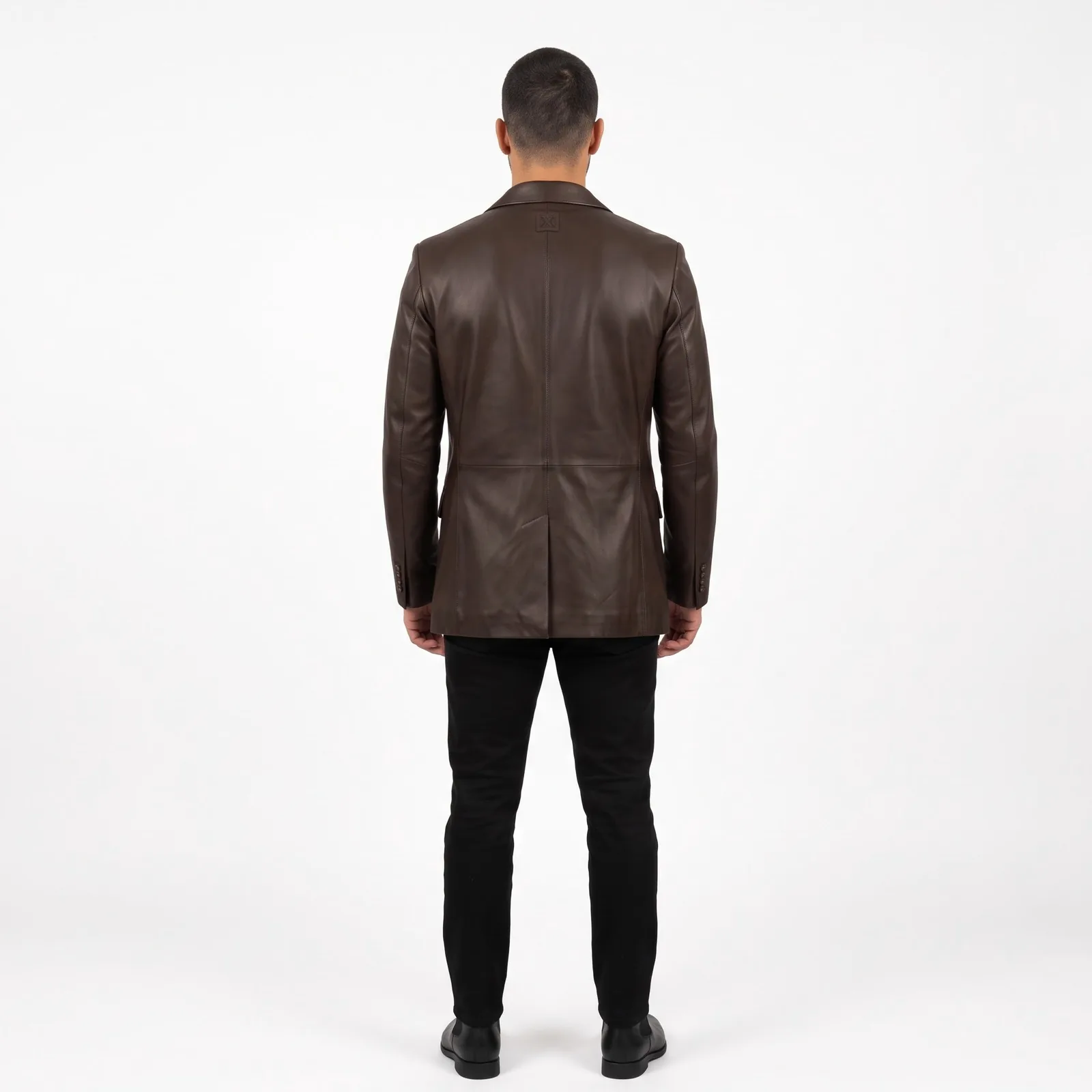 Men Leather Blazer Genuine Lambskin Single Breasted Notched Lapel Tailored Leather Jacket Custom Logo OEM — back view