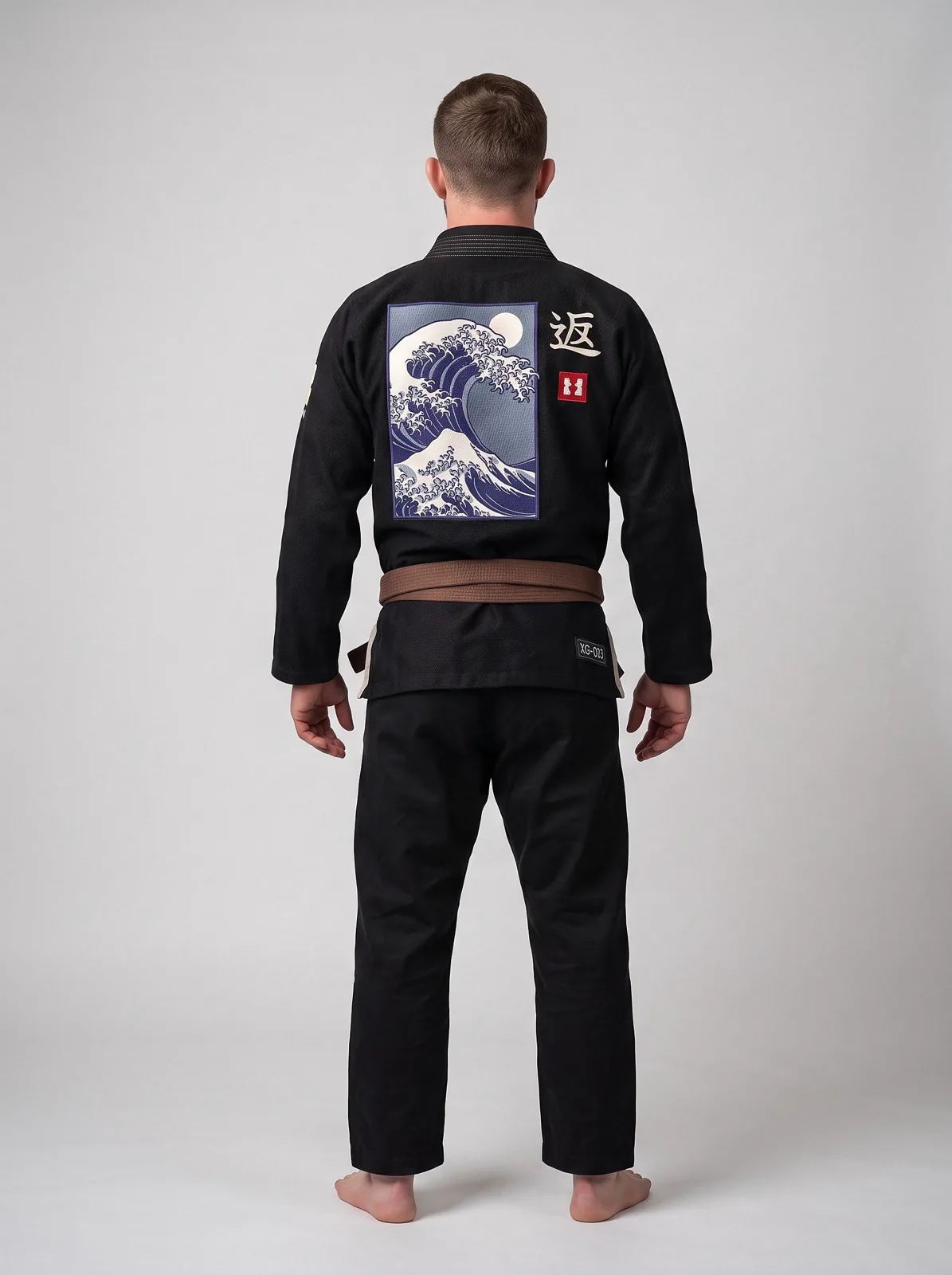 Black BJJ Gi, Japanese Wave Embroidery, Custom OEM 450 GSM Pearl Weave Jiu Jitsu Kimono, Wholesale Manufacturer — back view