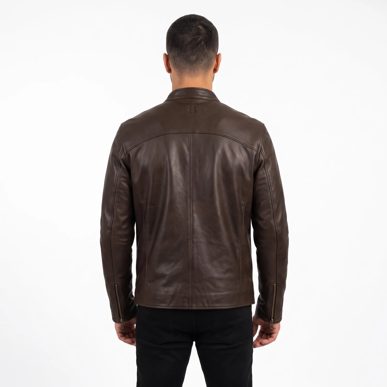 Cafe Racer Leather Jacket Men Cowhide Band Collar Quilted Lining Genuine Leather Jacket Custom Logo OEM — back view