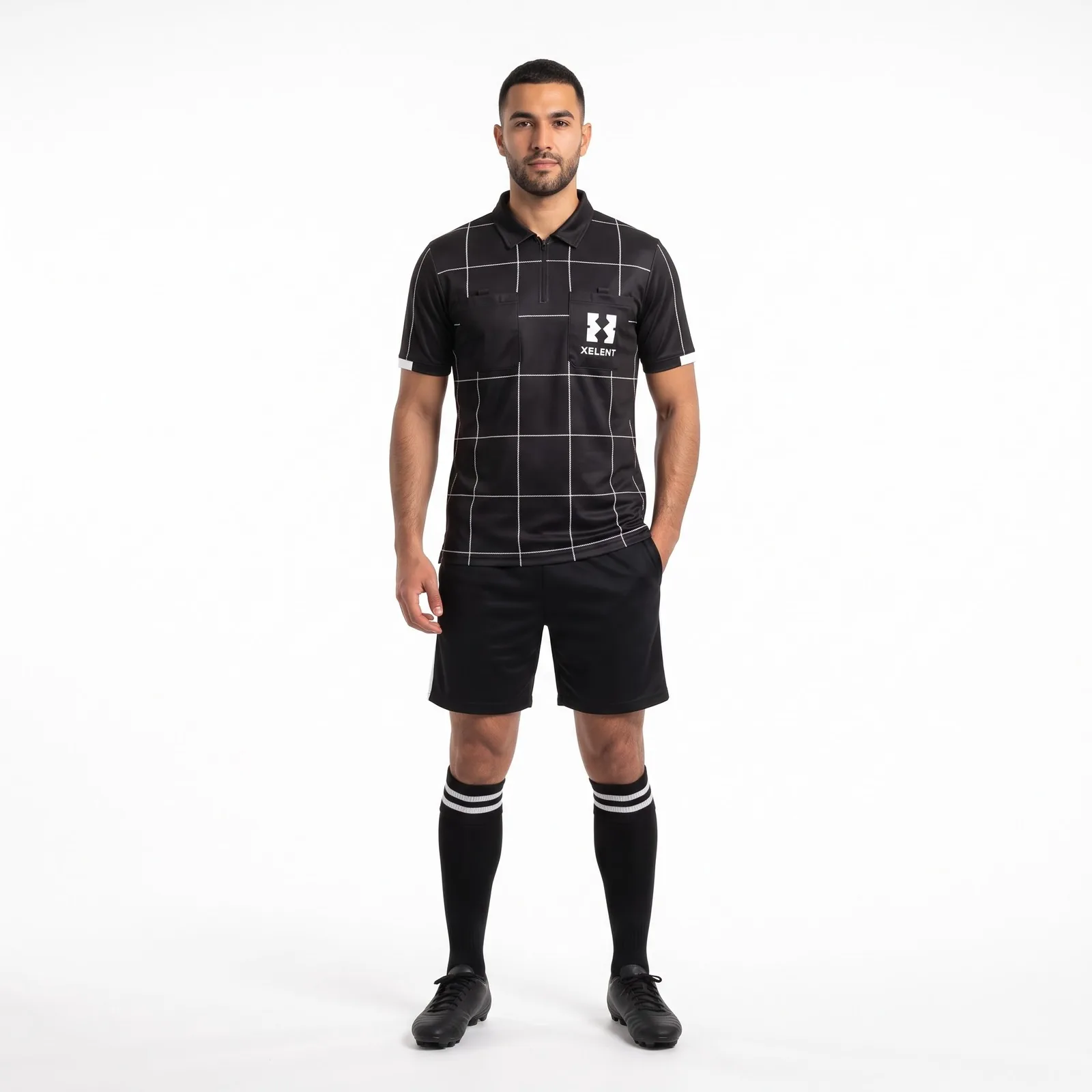 Referee Kit, Sublimated Jersey, Shorts and Socks Polyester Sublimated Zip Pockets Custom Logo OEM Wholesale — front view
