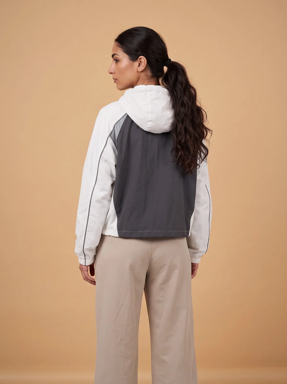 Soft White and Charcoal Cropped Anorak, Custom Logo OEM Ripstop Anorak, Unisex Streetwear Factory — back view