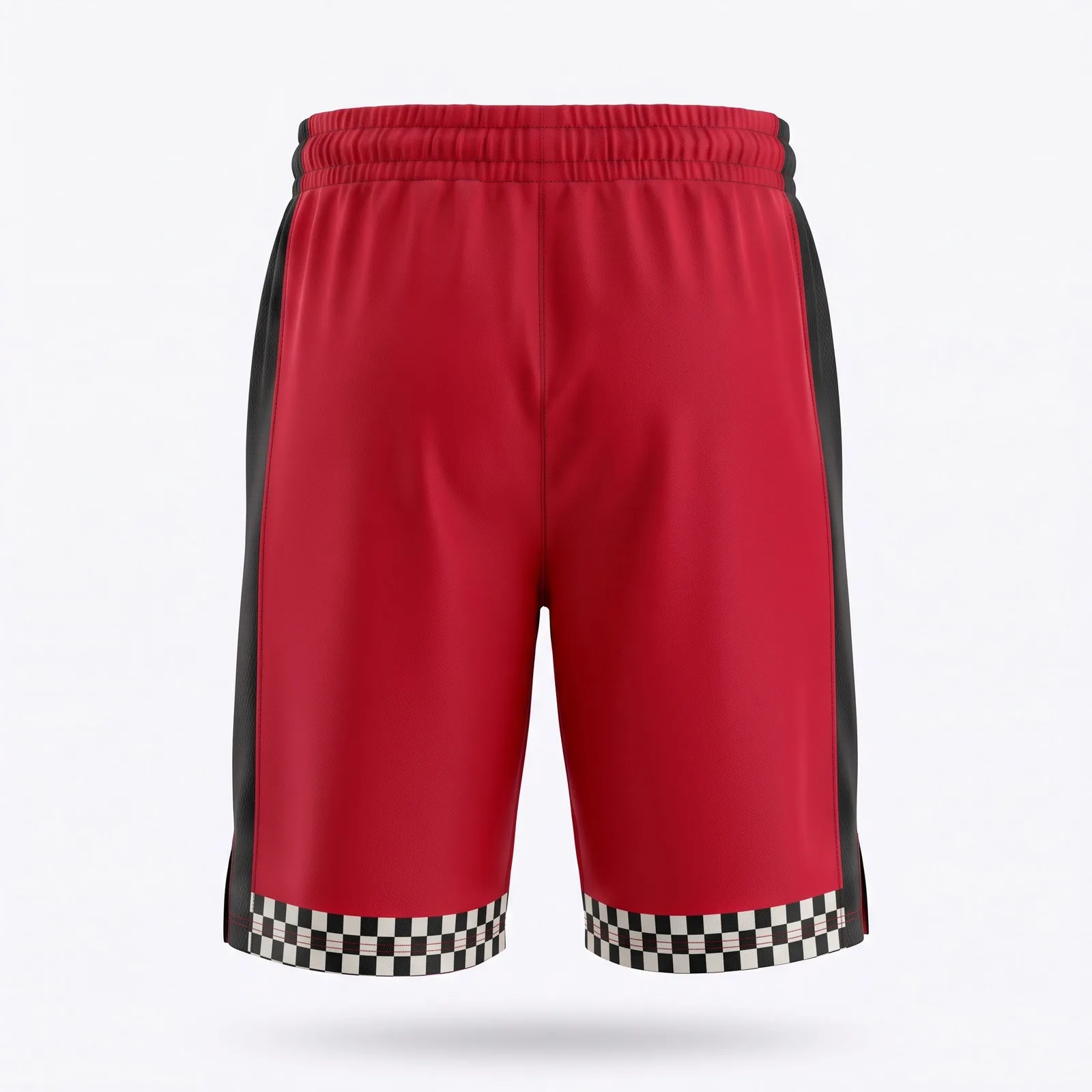Custom Racing Shorts Sublimated Chequered Hem Band Polyester Mesh Panel Streetwear Shorts OEM Wholesale — back view