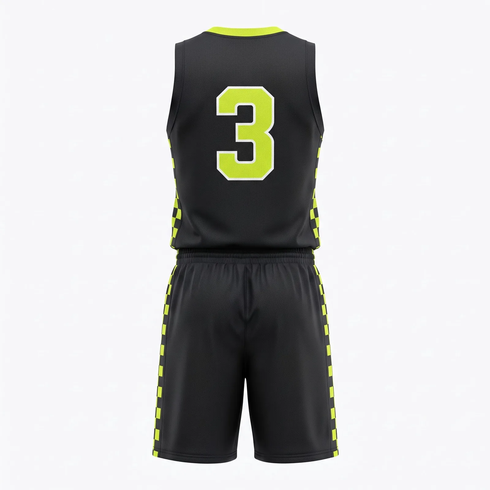 Custom Basketball Uniform Set Checker Panel Sublimated Team Jersey and Shorts OEM — back view