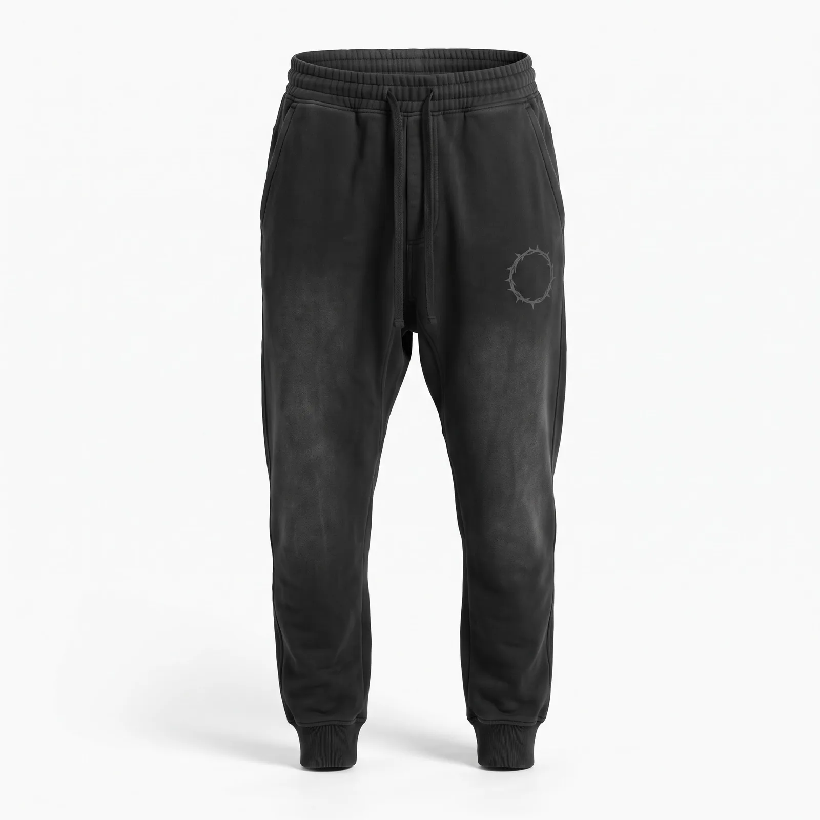 Custom Drop Crotch Sweatpants 400 GSM Sun Faded Heavyweight Fleece Tapered Black Streetwear OEM Wholesale — front view