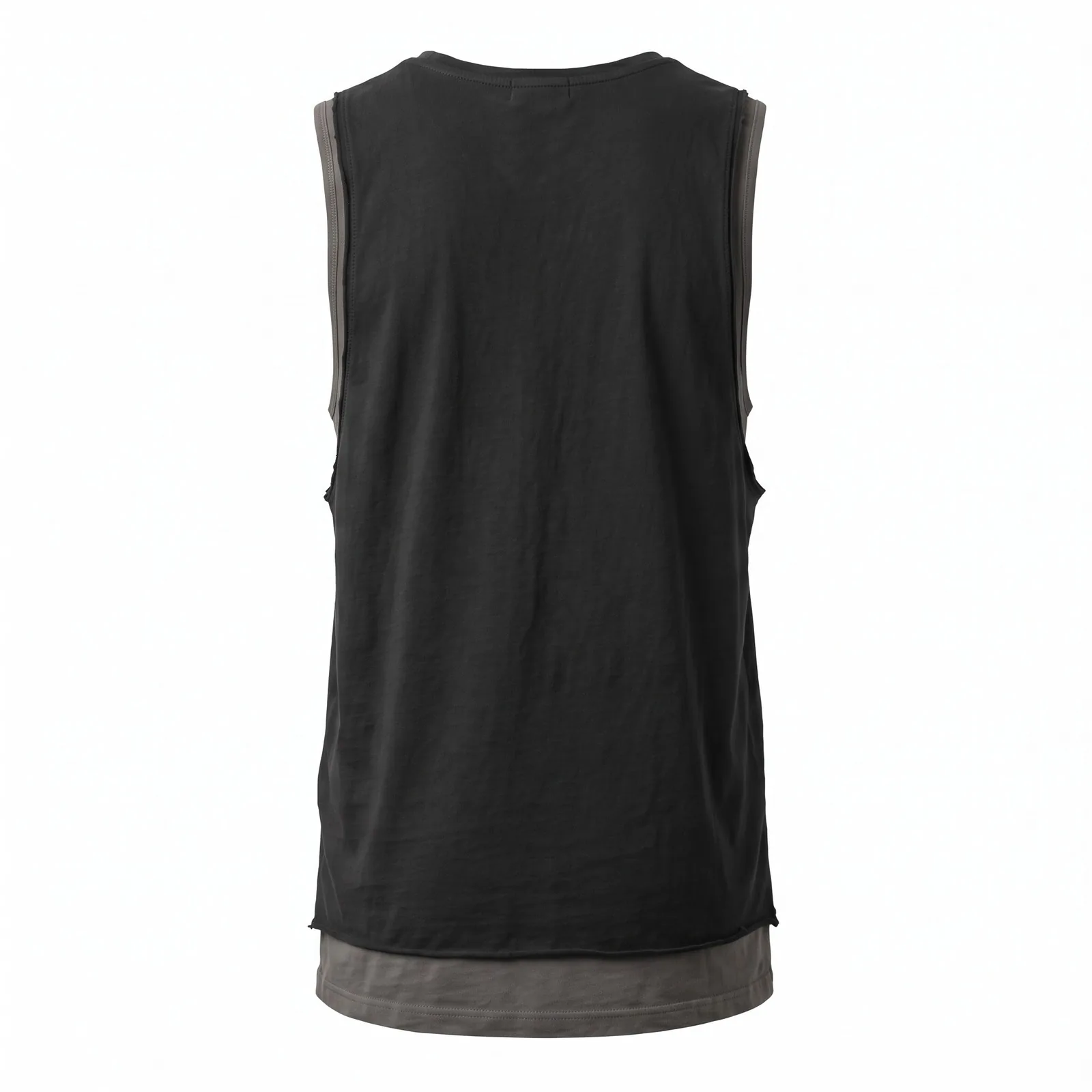 Custom Layered Double Tank Top Raw Edge Washed Cotton Two Layer Black Streetwear Vest OEM Wholesale — back view